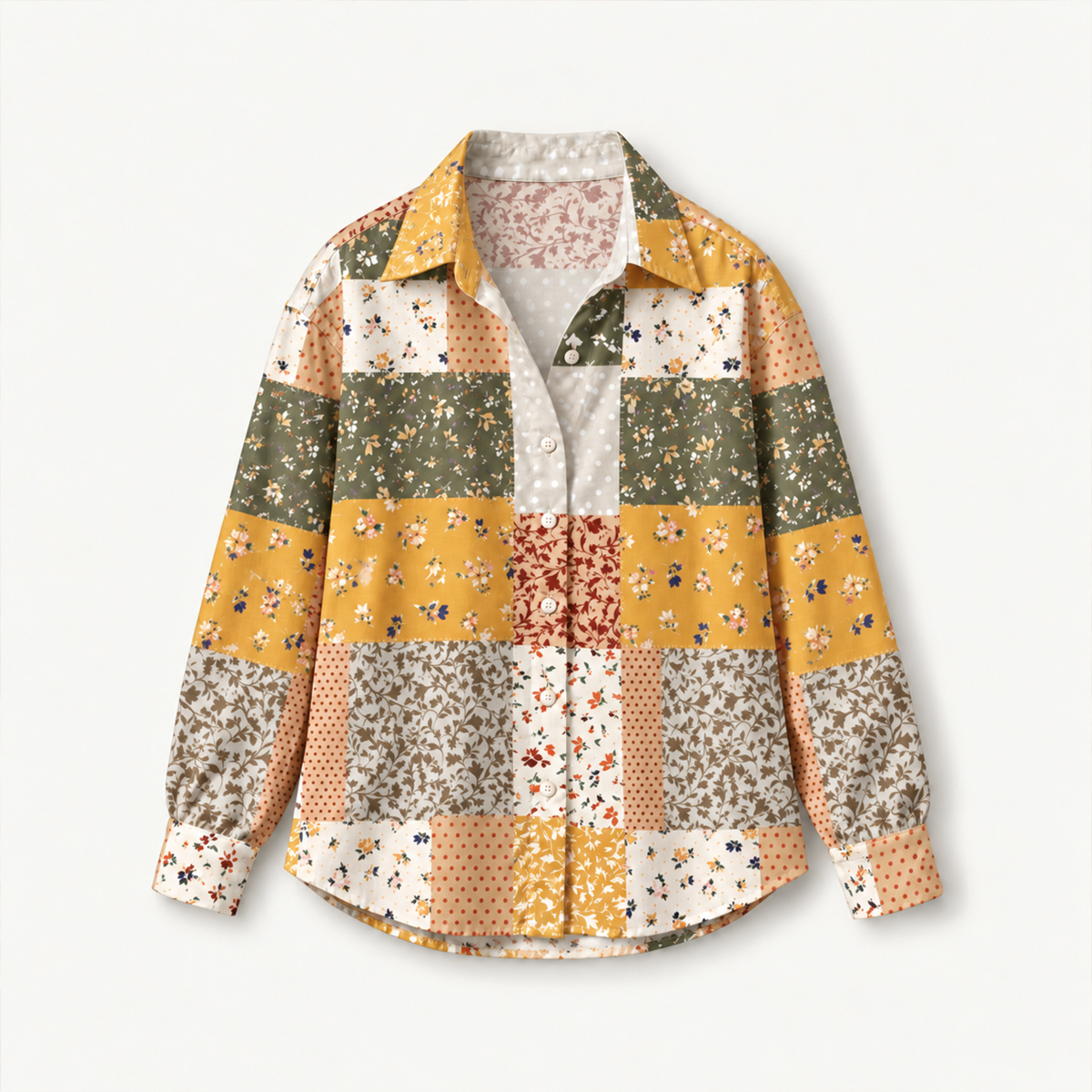 Rustic Floral Patchwork  Long-Sleeve Button-Up Shirt