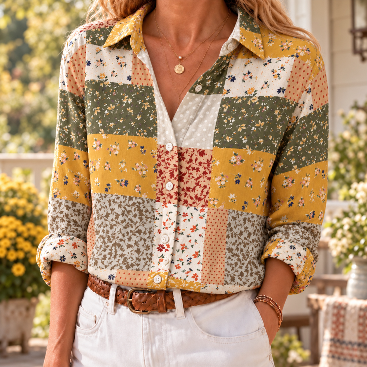 Rustic Floral Patchwork  Long-Sleeve Button-Up Shirt