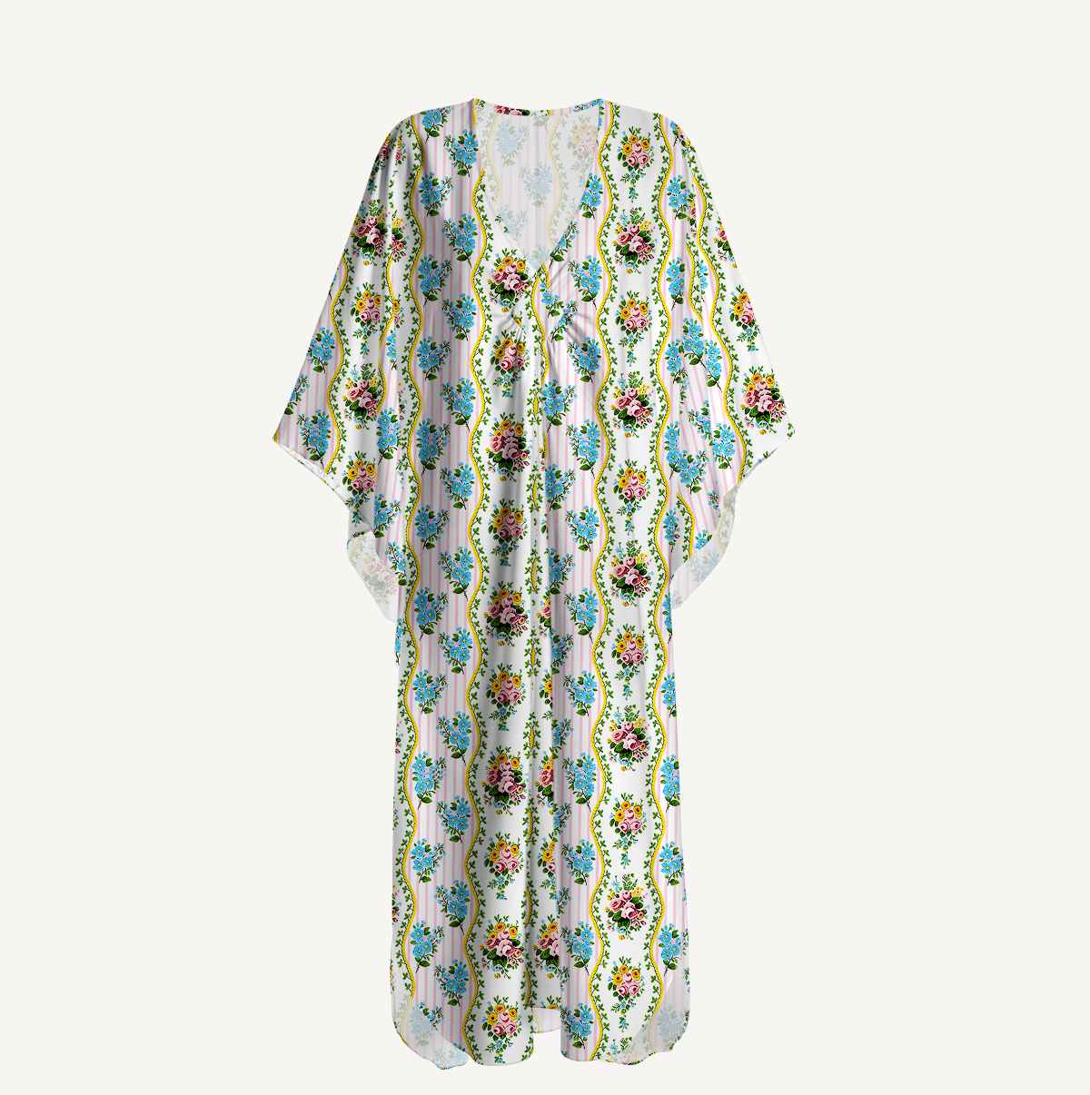  V‑Neck Vintage Bouquet Rose Kimono Sleeve Kaftan Dress