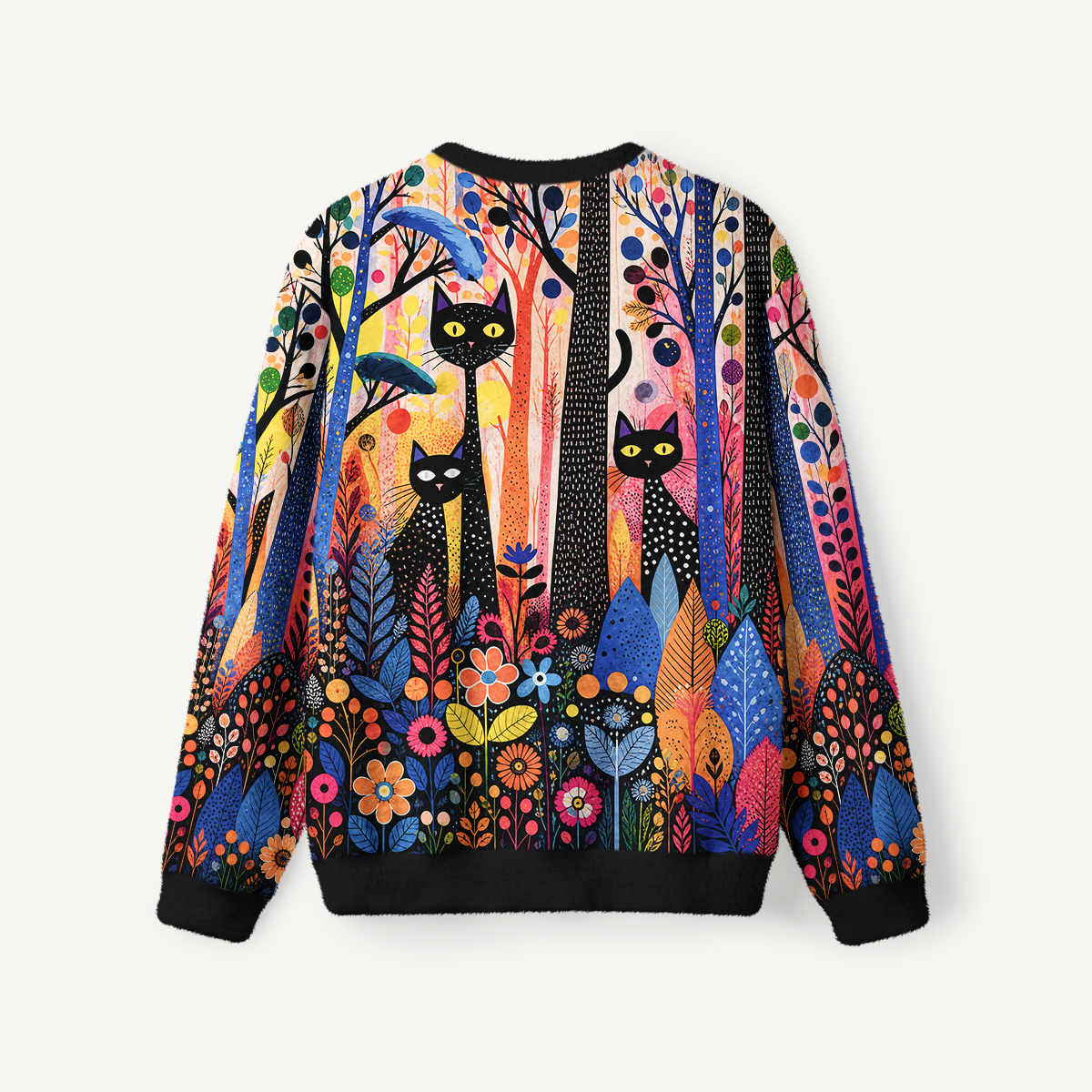 Polka Dot Black Cat Woodland Garden Fuzzy Crewneck Sweater