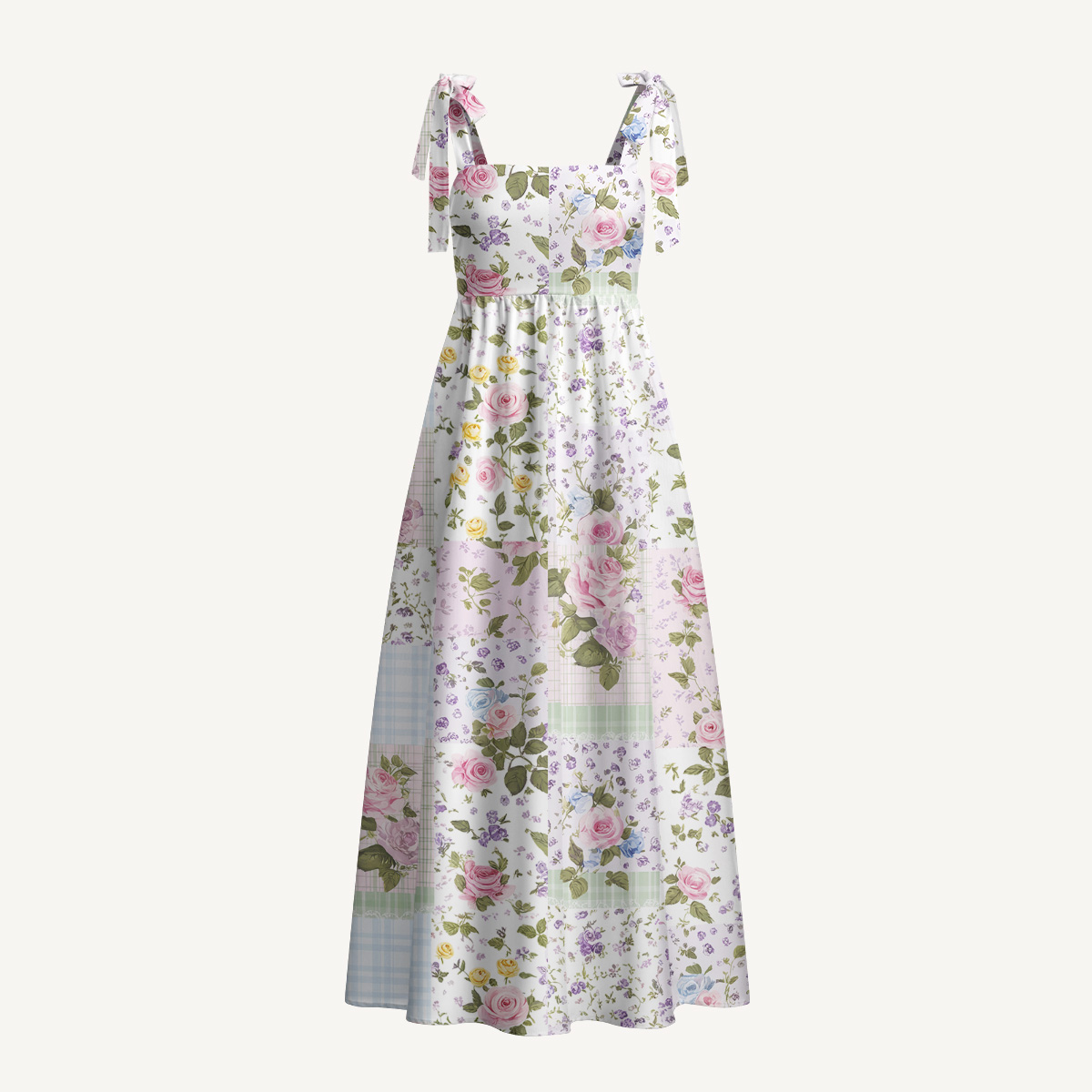 Pastel Rose Print Bow Strap Maxi Dress
