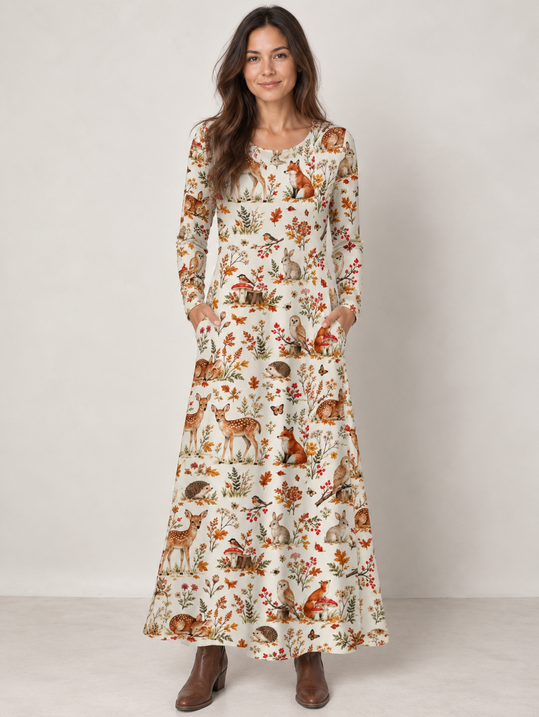 Autumn Woodland Animals Print Soft-Touch Stretch Knit Long Sleeve Maxi Dress with Pockets