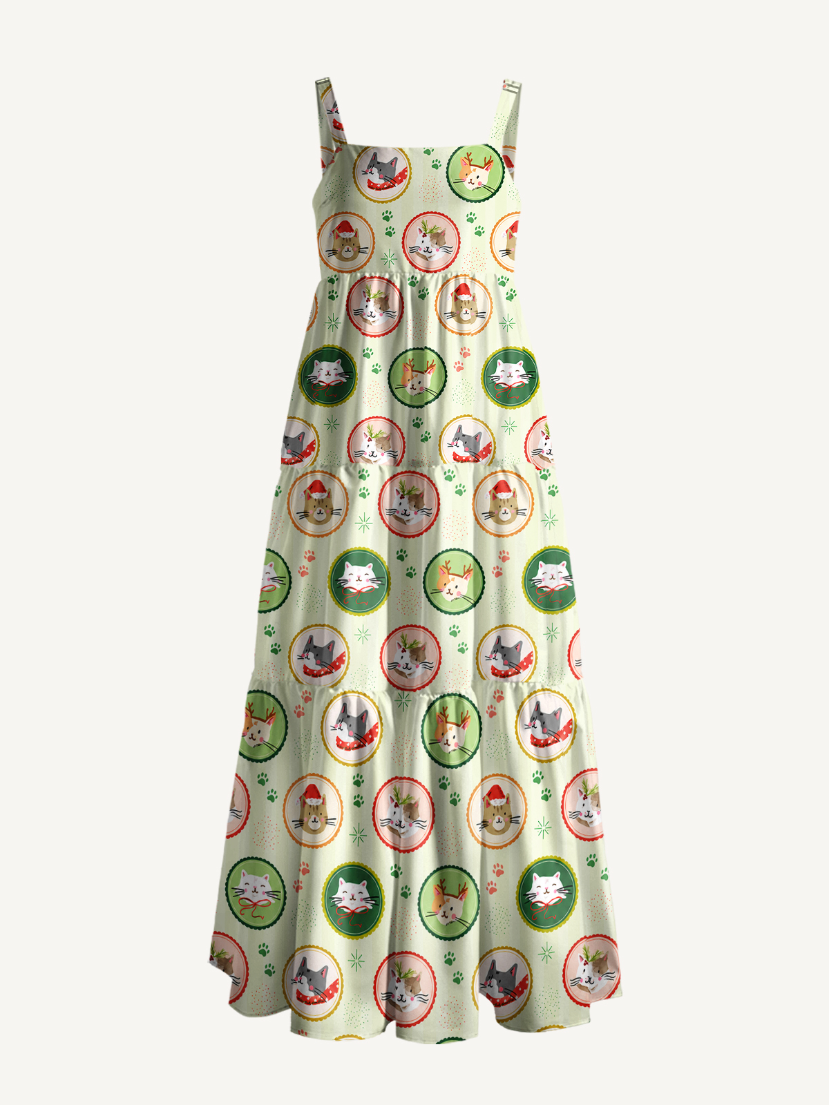 Christmas Kitty Medallions Print Wide Straps Maxi Dress With Pockets
