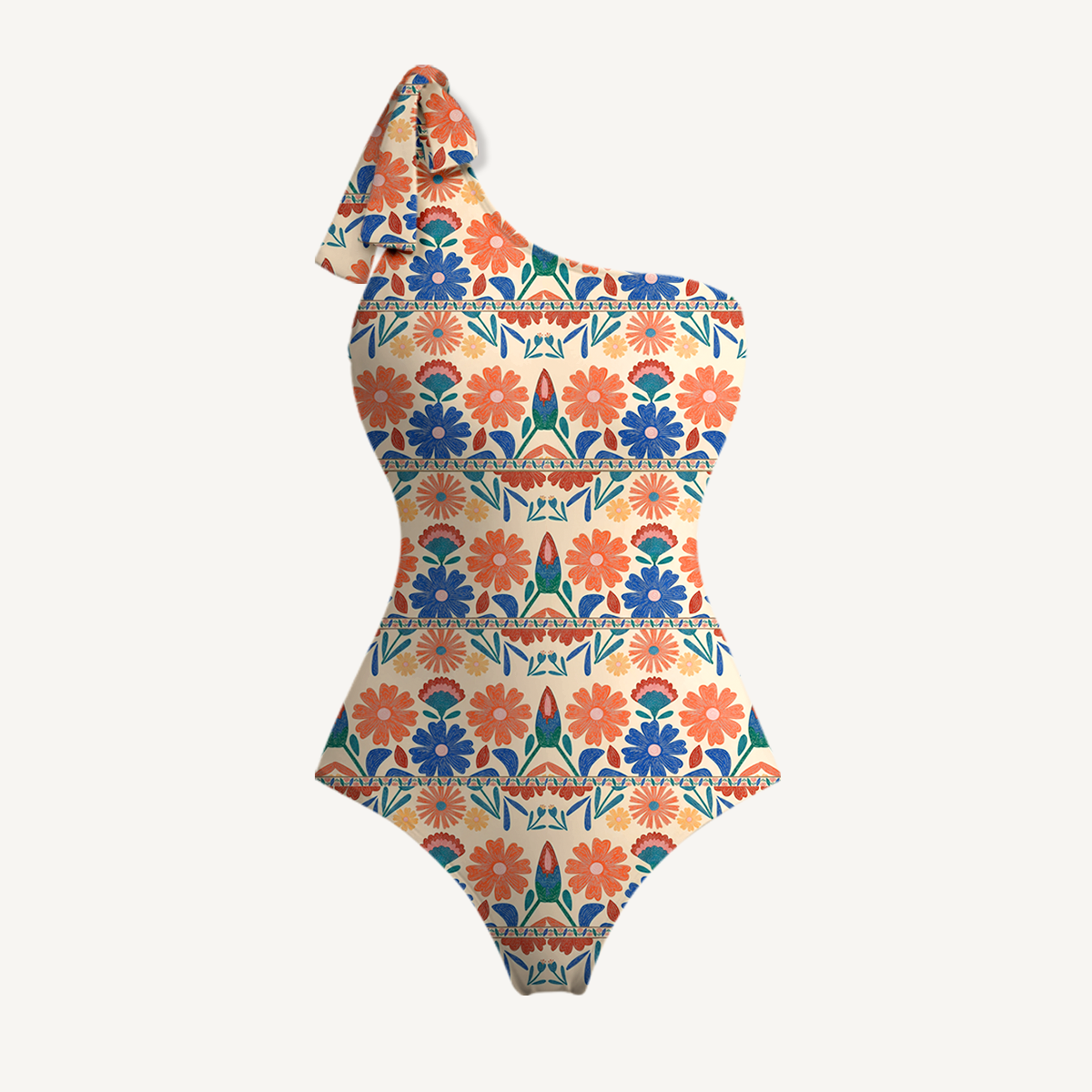 Bohemian Folk Floral Stripe One Shoulder One Piece Swimsuit and Matching Sarong Set for Women