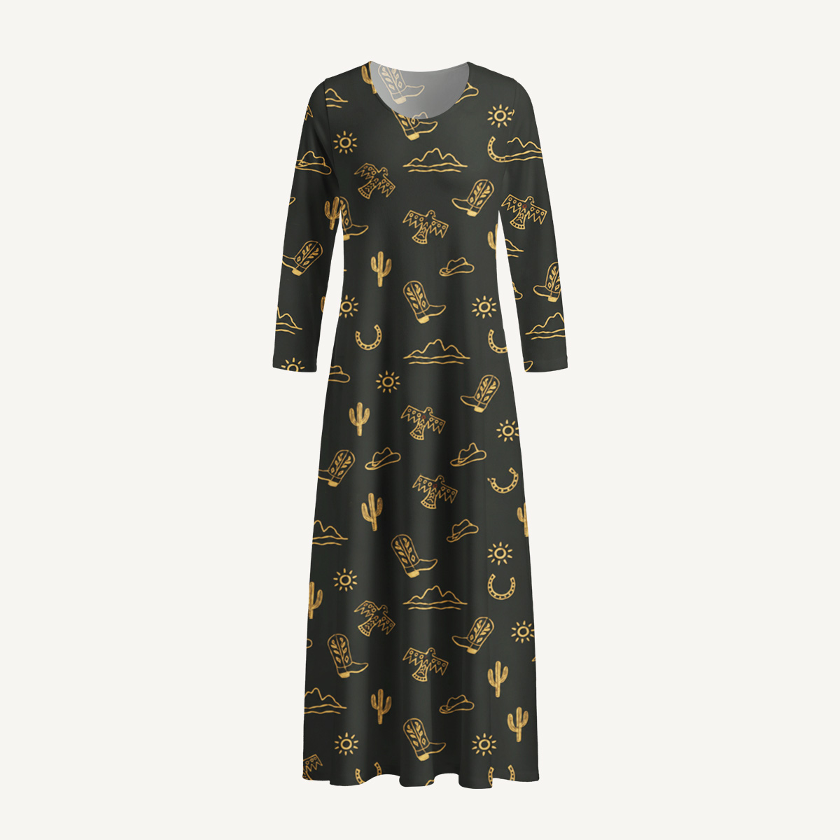 Desert Western Cowboy Print Soft-Touch Stretch Knit Long Sleeve Maxi Dress with Pockets