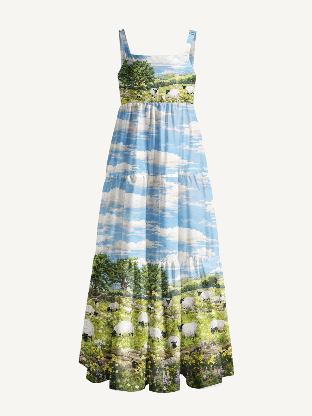 Pasture Sheep Sky Print Wide Straps Maxi Dress With Pockets