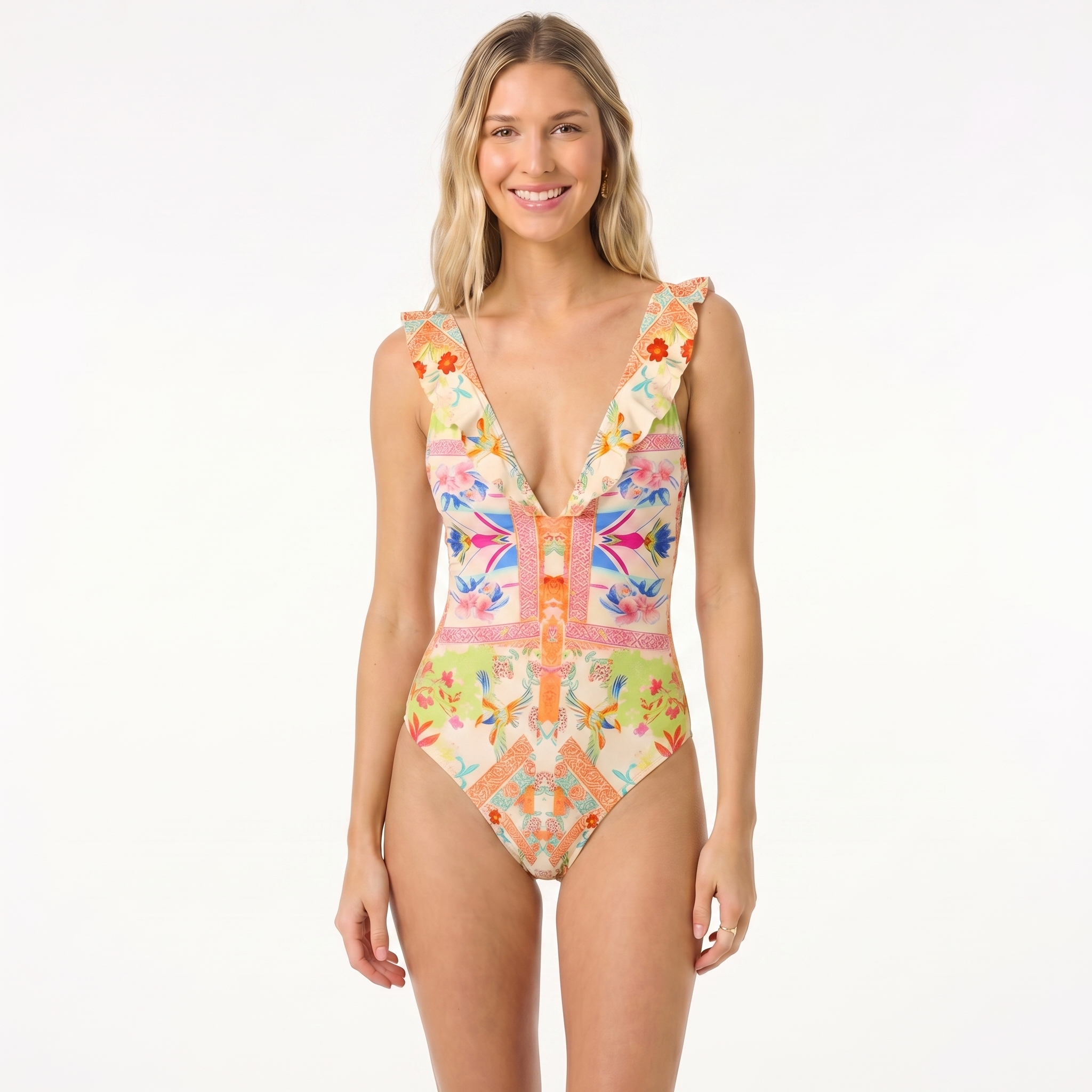 Vivid Lily Ruffled V Neck One Piece Swimsuit and Matching Midi Skirt Set