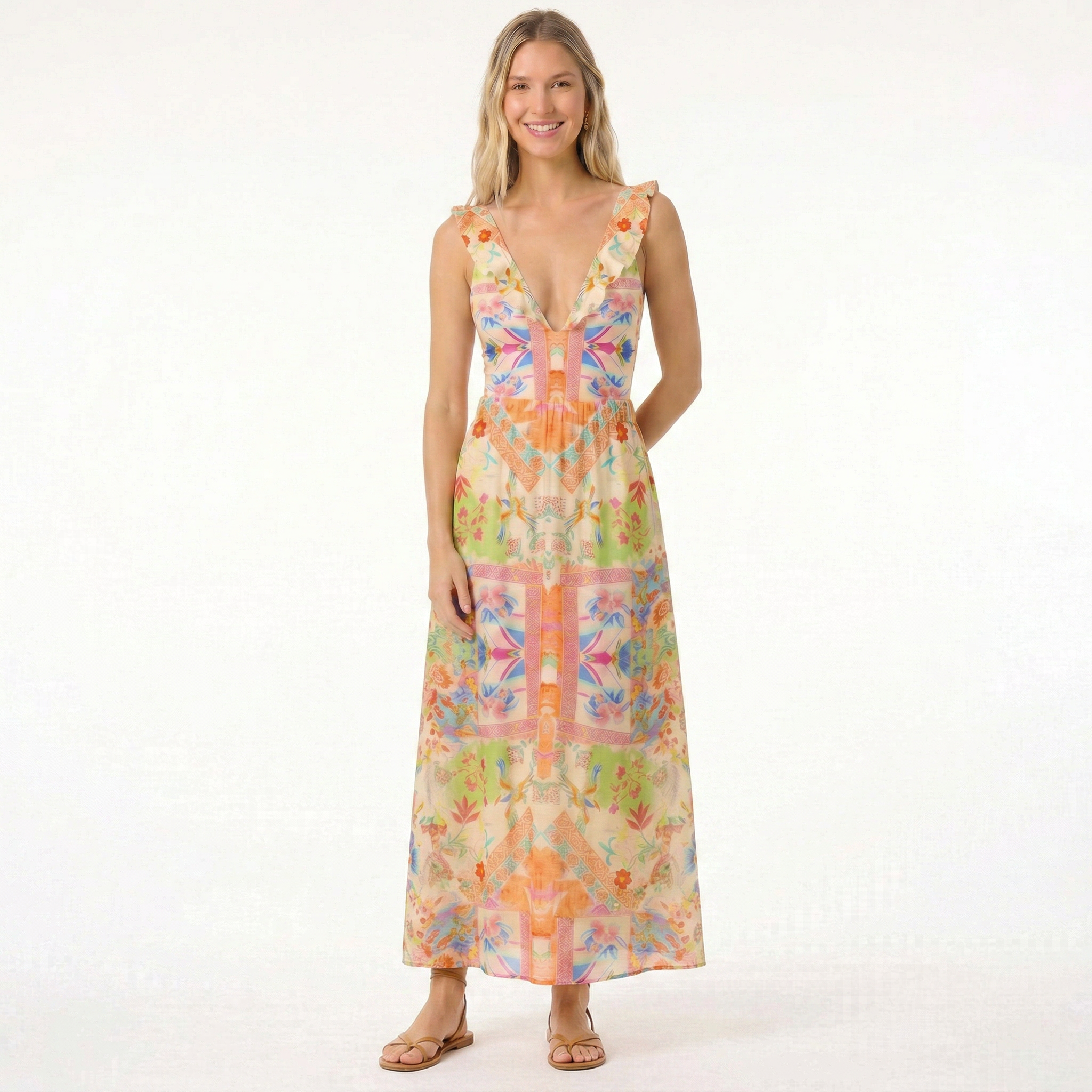 Vivid Lily Ruffled V Neck One Piece Swimsuit and Matching Midi Skirt Set