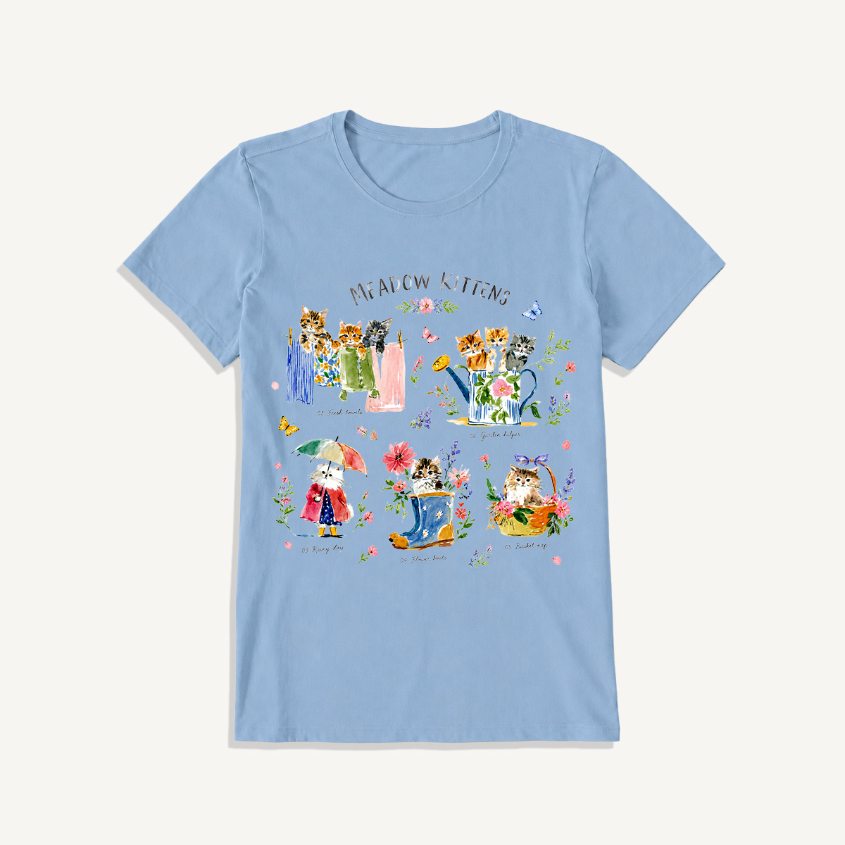 Watercolor Meadow Kittens Guide Print Crew Neck Cotton Tee
