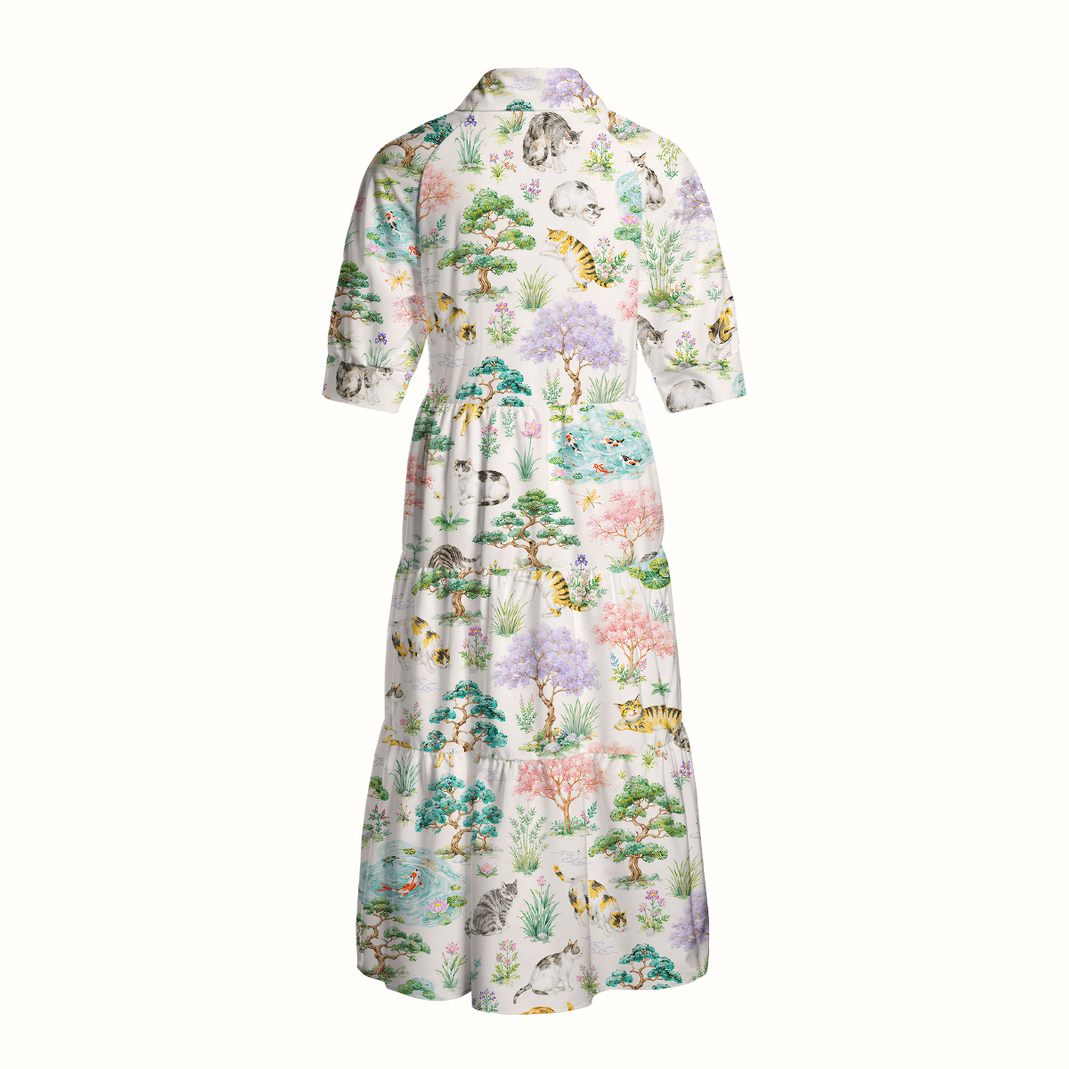 Cats in a Tranquil Garden Pond Scene Print Casual Midi Dress With Pockets