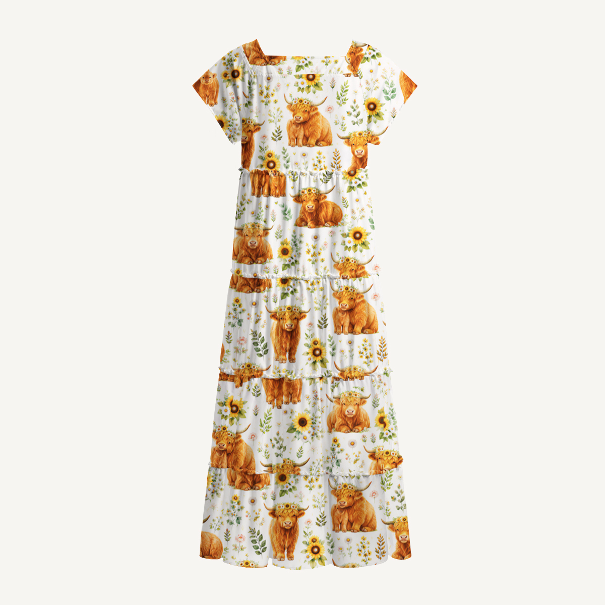 Spring Highland Cow Floral Square Neckline Cap Sleeve Maxi Dress