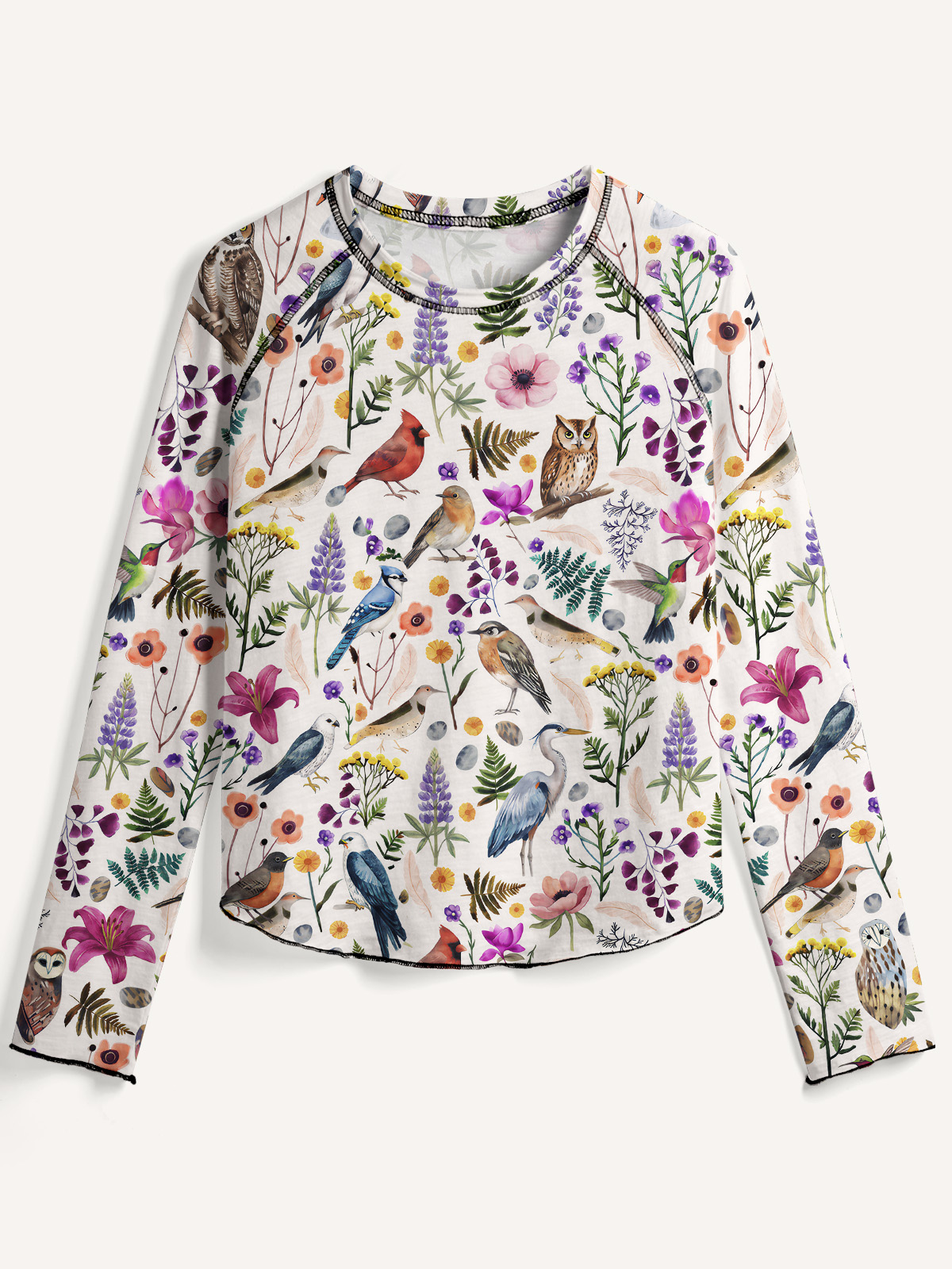 Whimsical Woodland Birds Wildflowers All-Over Print Cotton Raglan Long Sleeve Top