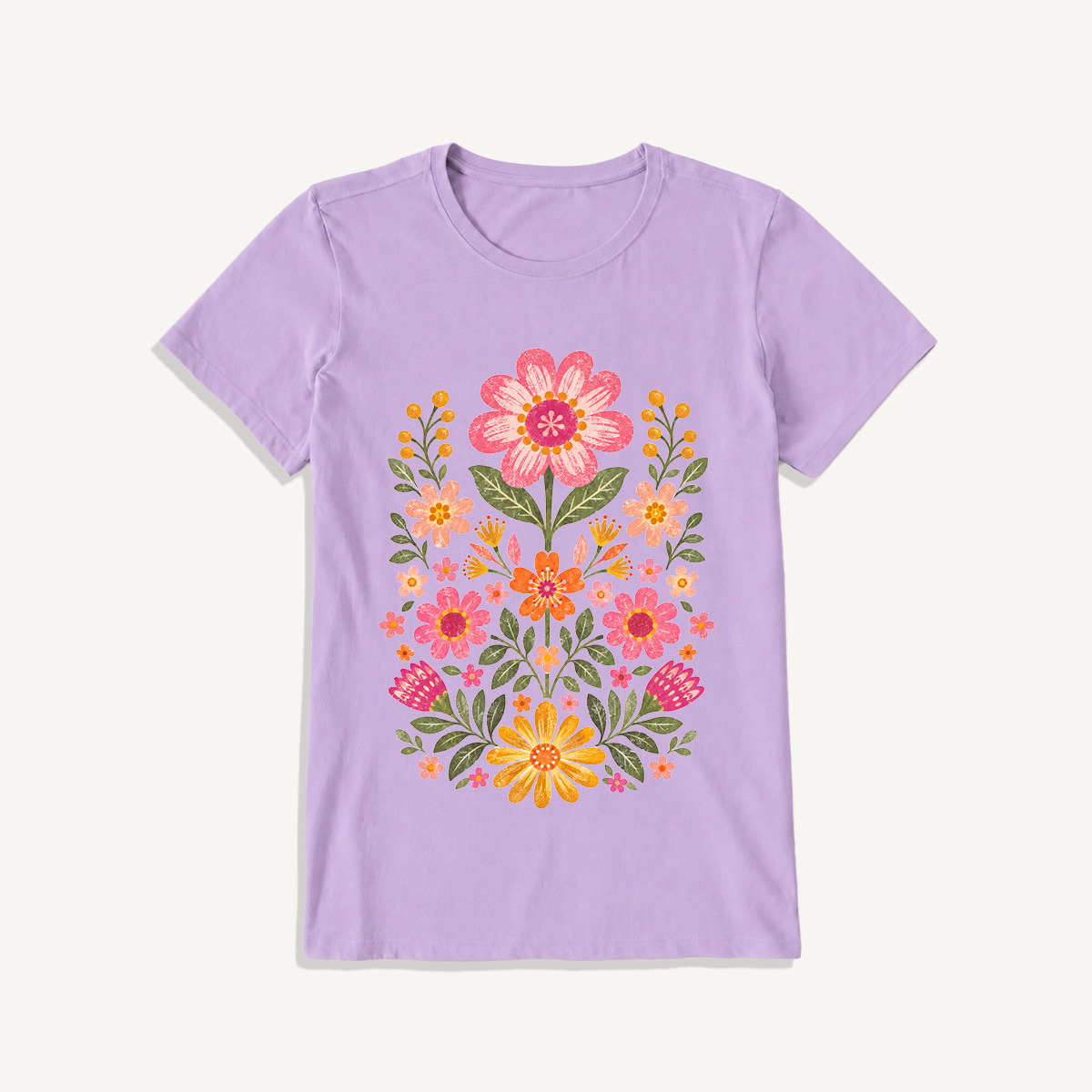 Retro Folk Garden Bloom Print Crew Neck Cotton Tee