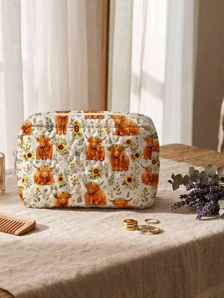 Spring Highland Cow Floral Print Cloud Quilted Cosmetic Pouch