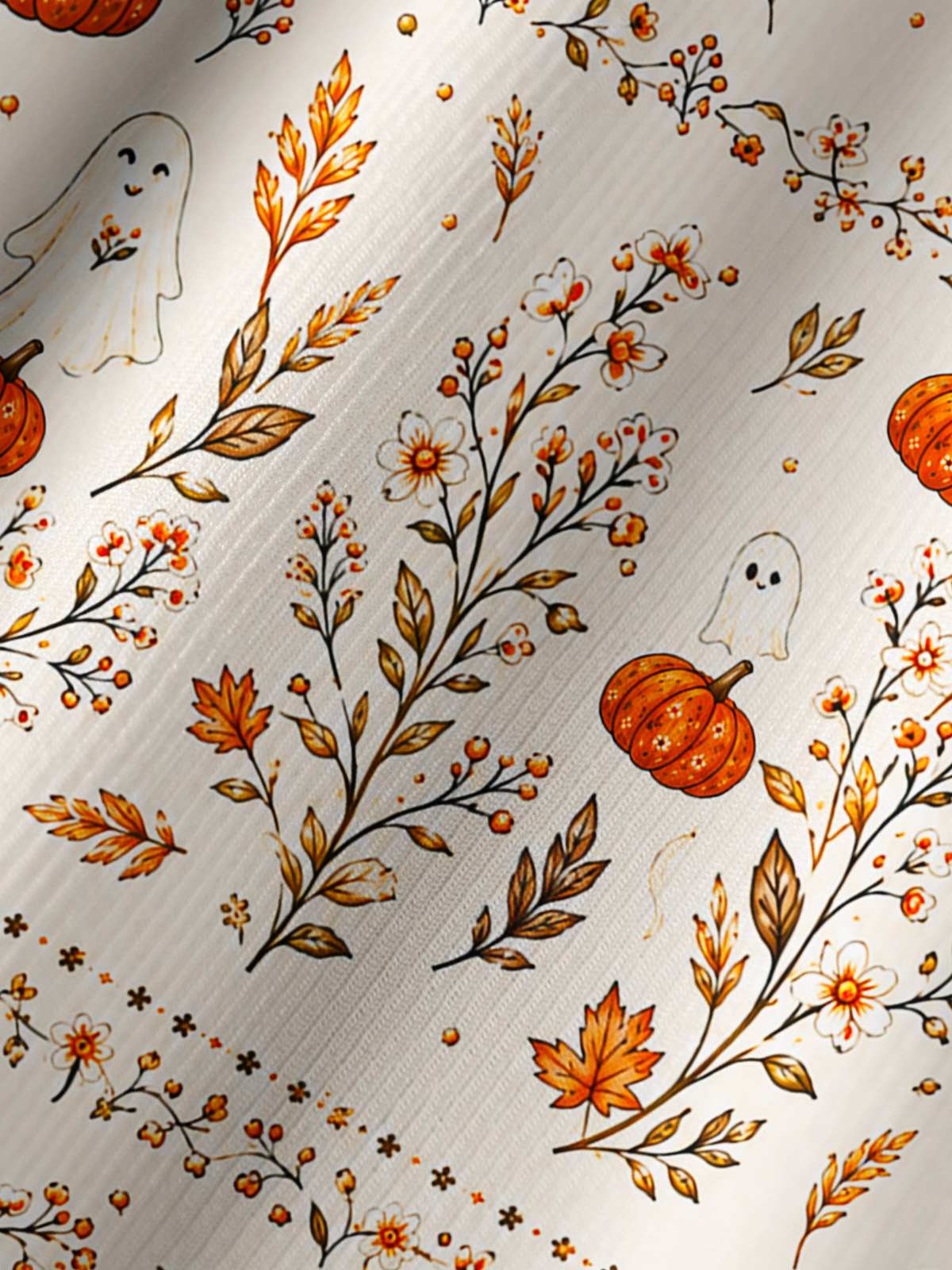 Pumpkin Ghost Cottage Print Boho Long Sleeve Tie‑Neck Blouse