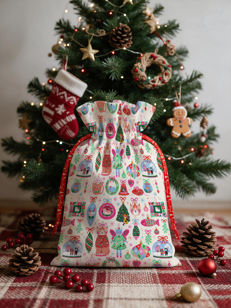 Christmas Cat Ornament Reusable Christmas Drawstring Gift Bag
