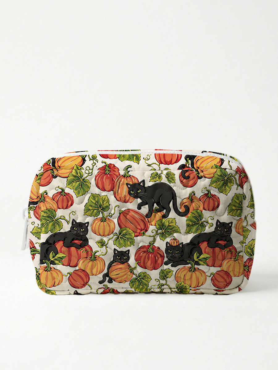 Black Cat Romp in the Pumpkin Fields Print Cloud Quilted Cosmetic Pouch