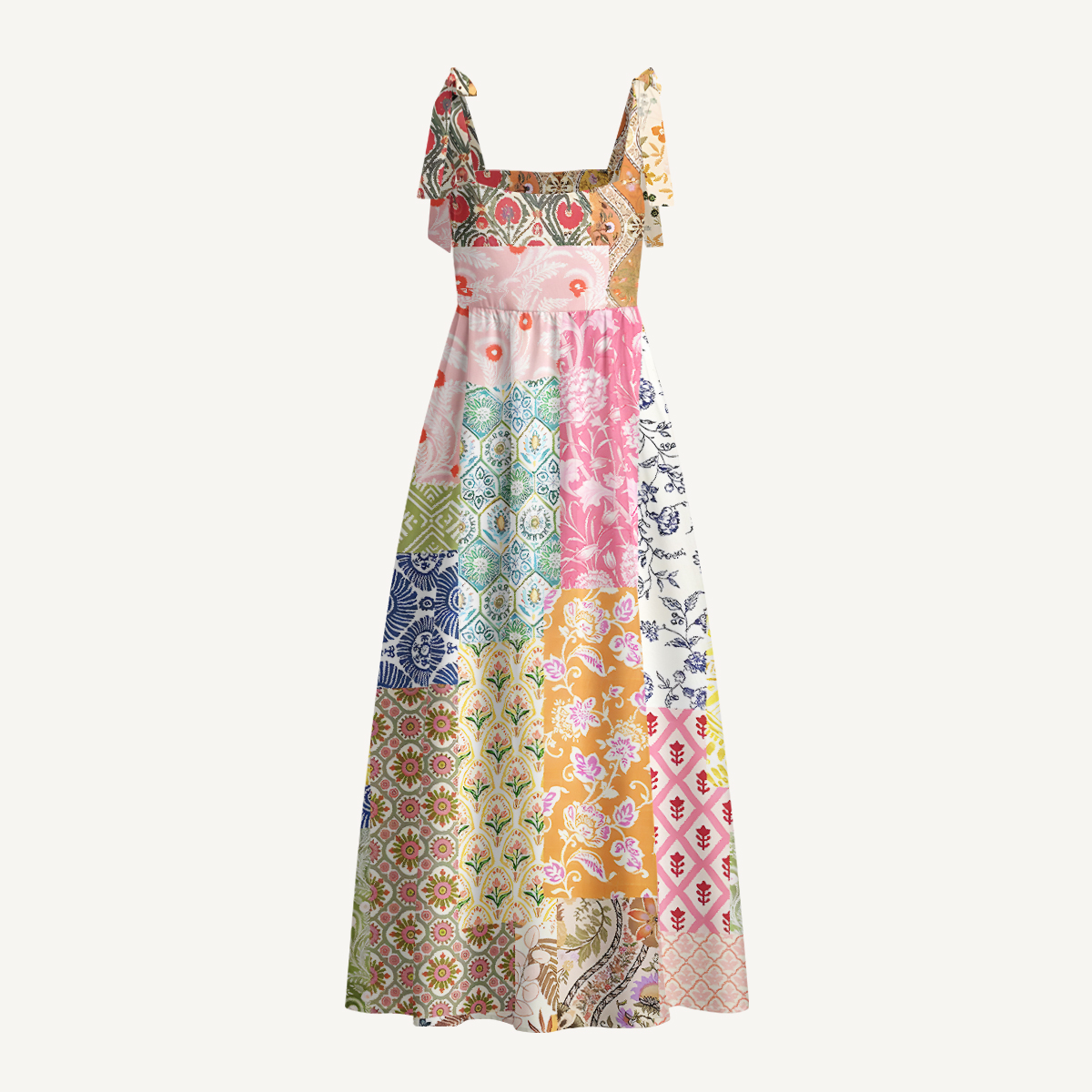 Colorful Bohemian Patchwork Print Bow Strap Maxi Dress