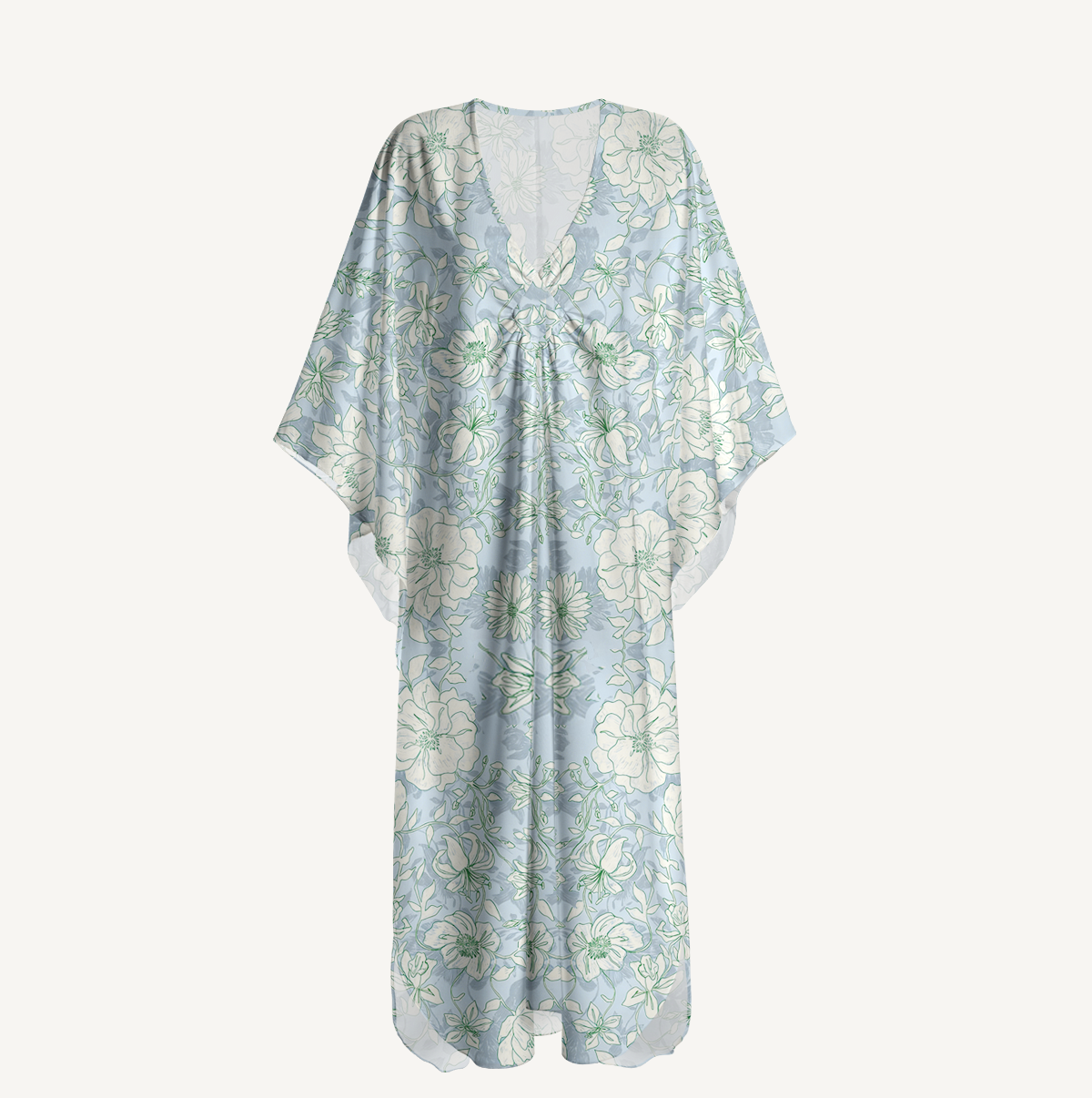  V‑Neck Mist Floral Kimono Sleeve Kaftan Dress