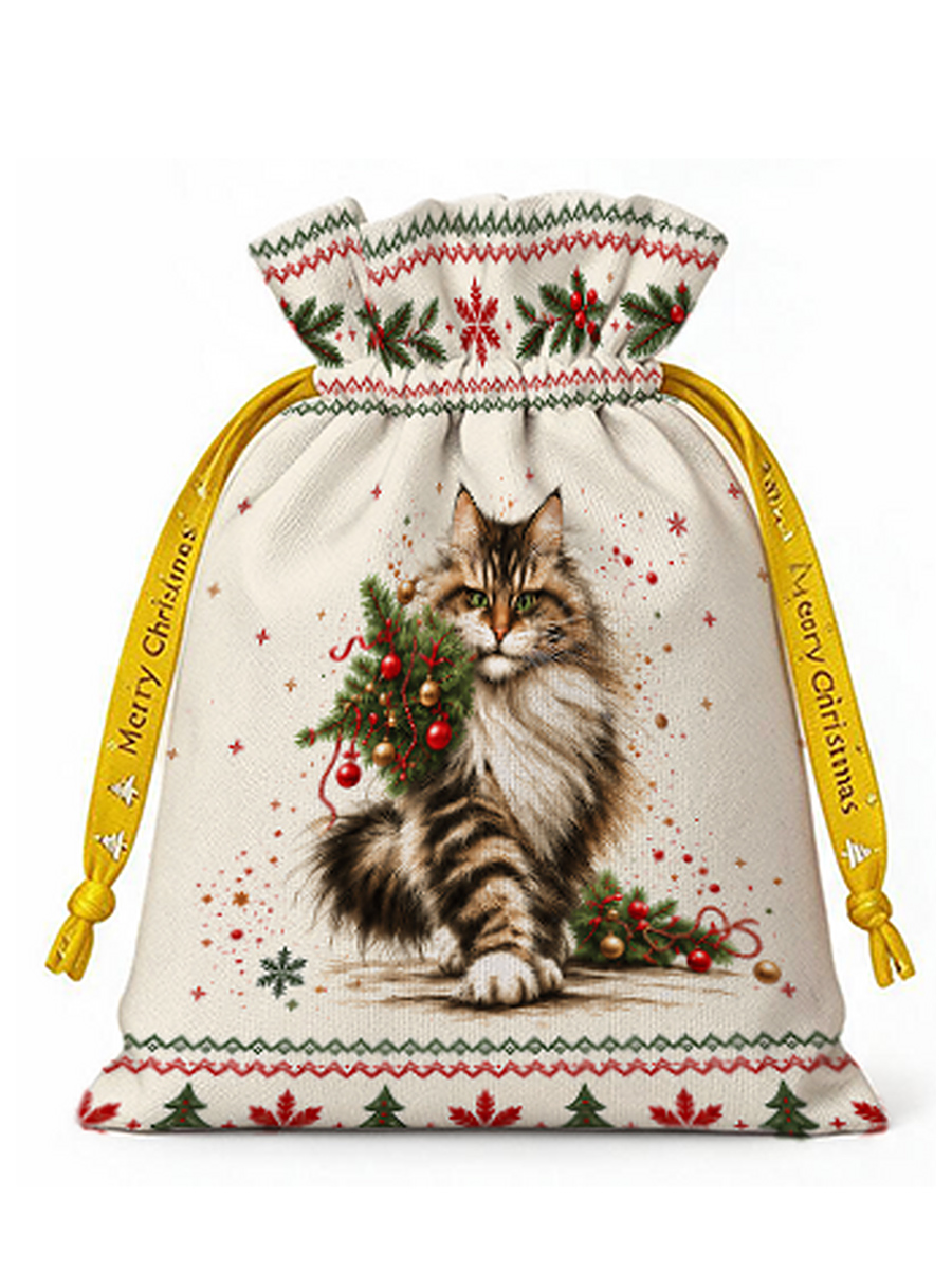 Charming Christmas Cat Reusable Drawstring Gift Bag