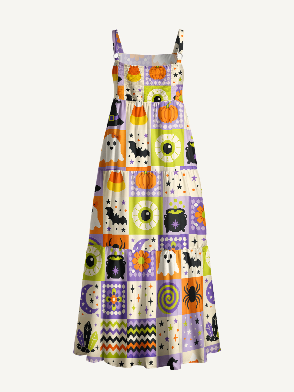 Pixel Halloween Patchwork Print Wide Straps Maxi Dress With Pockets