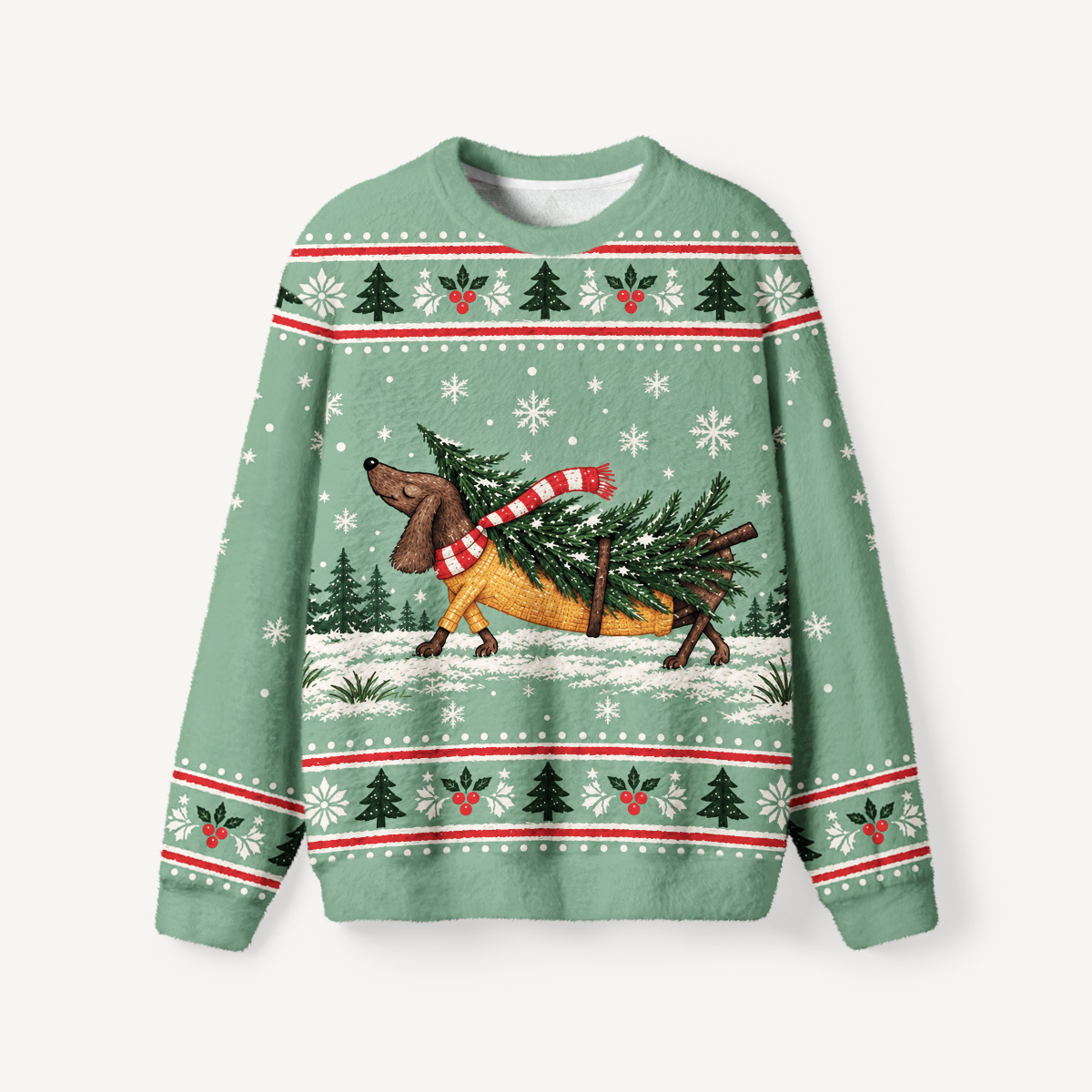 Christmas Tree Trail Dog Fuzzy Crewneck Sweater