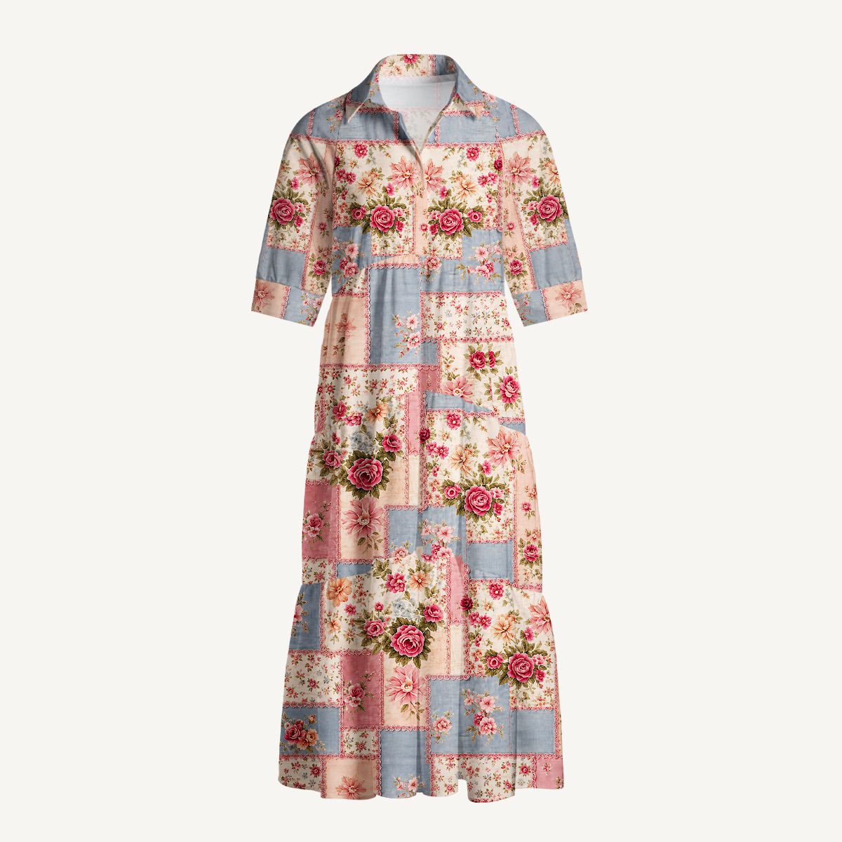 Vintage Pink and Blue Floral Patchwork Print Casual Midi Dress With Pockets