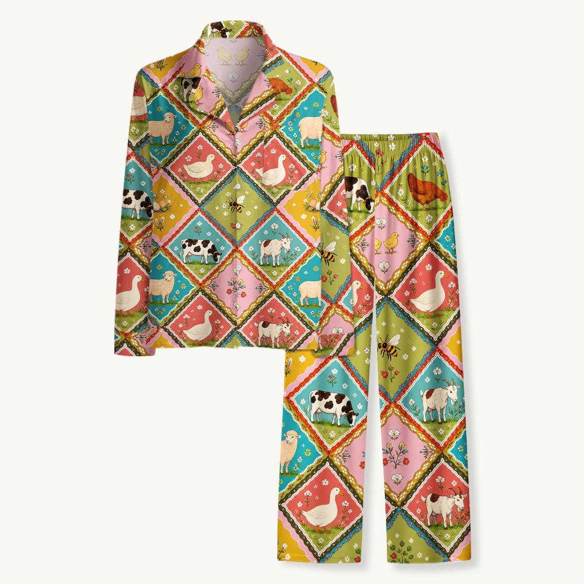 Cozy Countryside Farm Animal Patchwork Long Pajama Set 