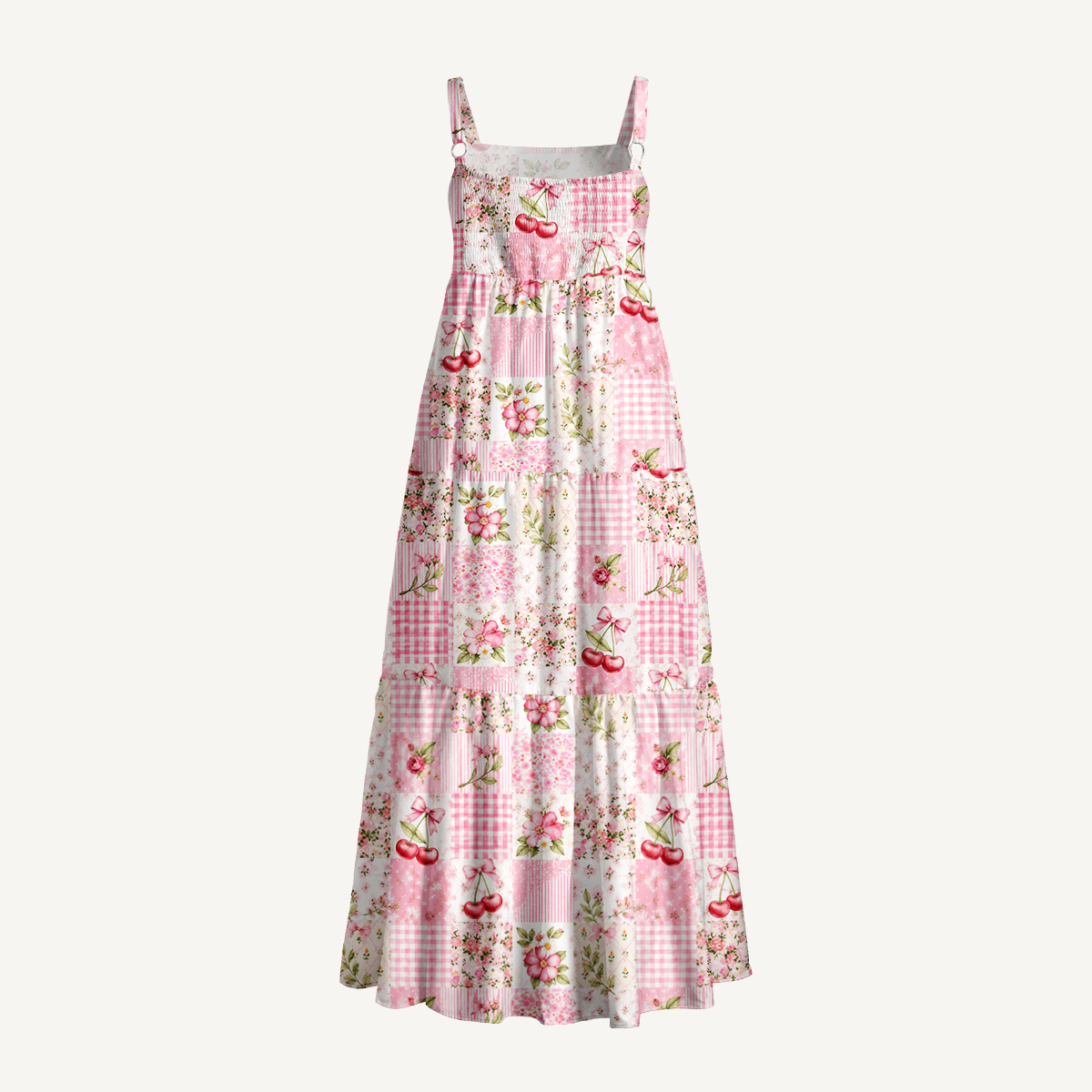 Strawberry Garden  Patchwork Print Wide Straps Maxi Dress With Pockets