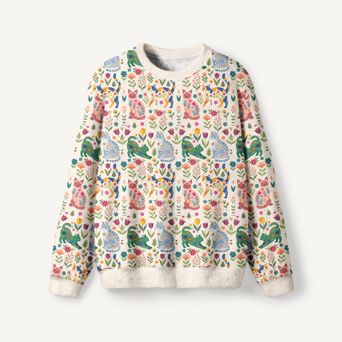 Cute Flower Cat Fuzzy Crewneck Sweater