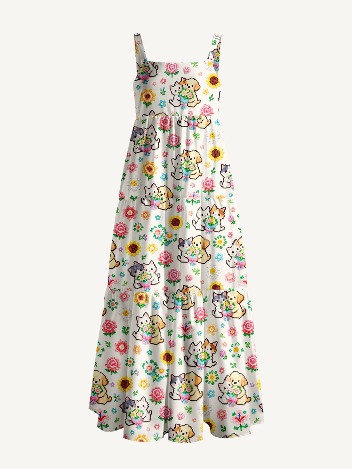 Perler Bead Flower Cat Dog Print Wide Straps Maxi Dress With Pockets