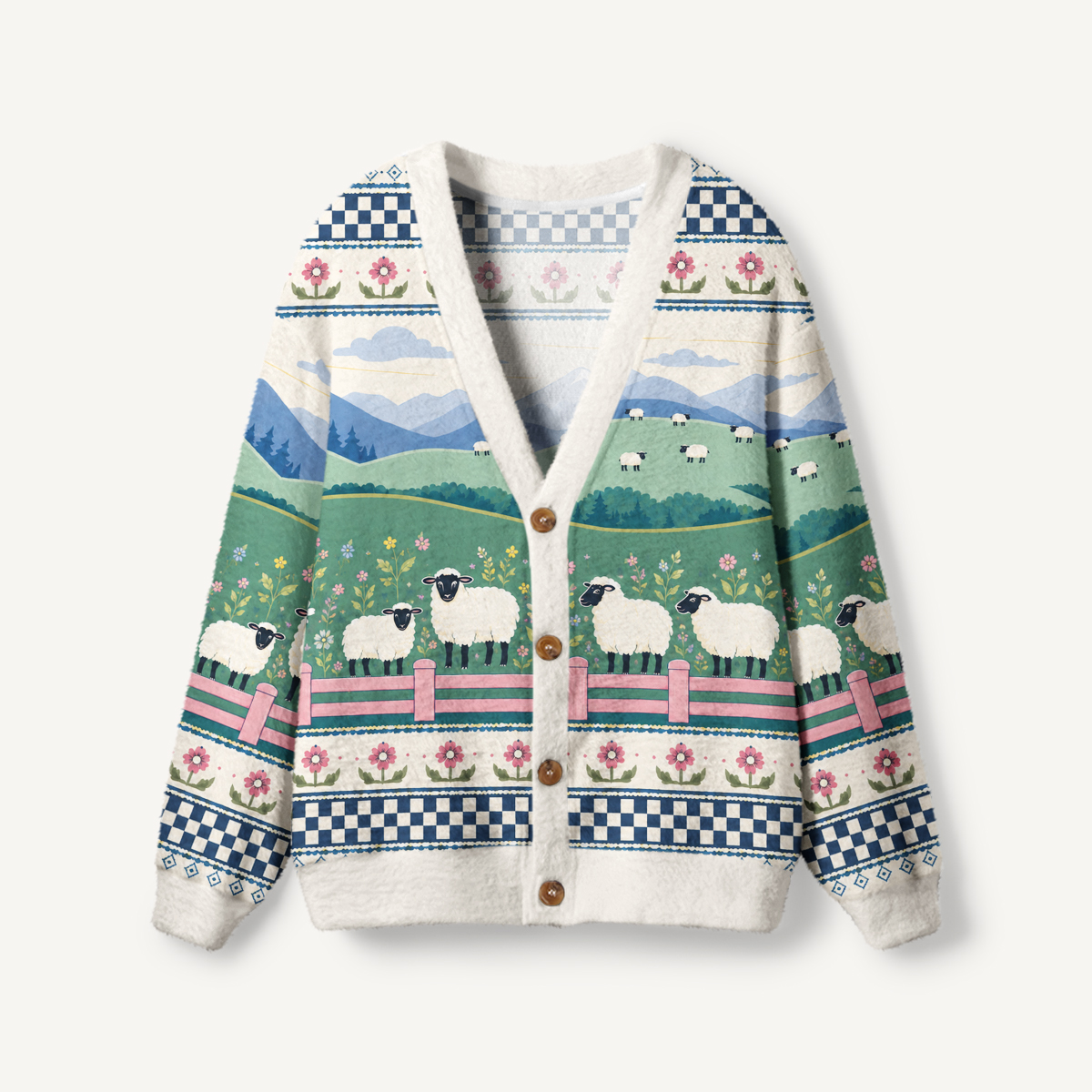 Mountain Meadow Sheep Print Ugly Cardigan Sweaters