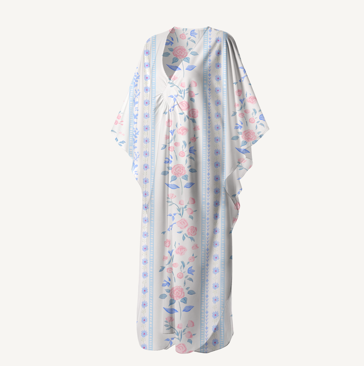  V‑Neck Blue Rose Kimono Sleeve Kaftan Dress