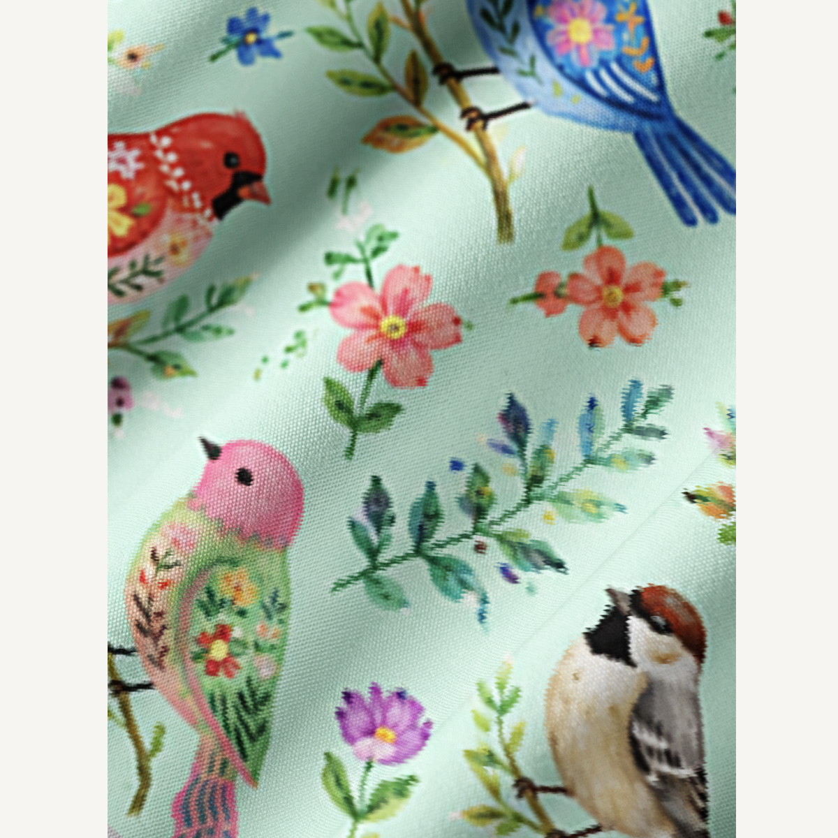 Colorful Songbird Garden Print Boho Tie‑Neck Smock Mini Dress