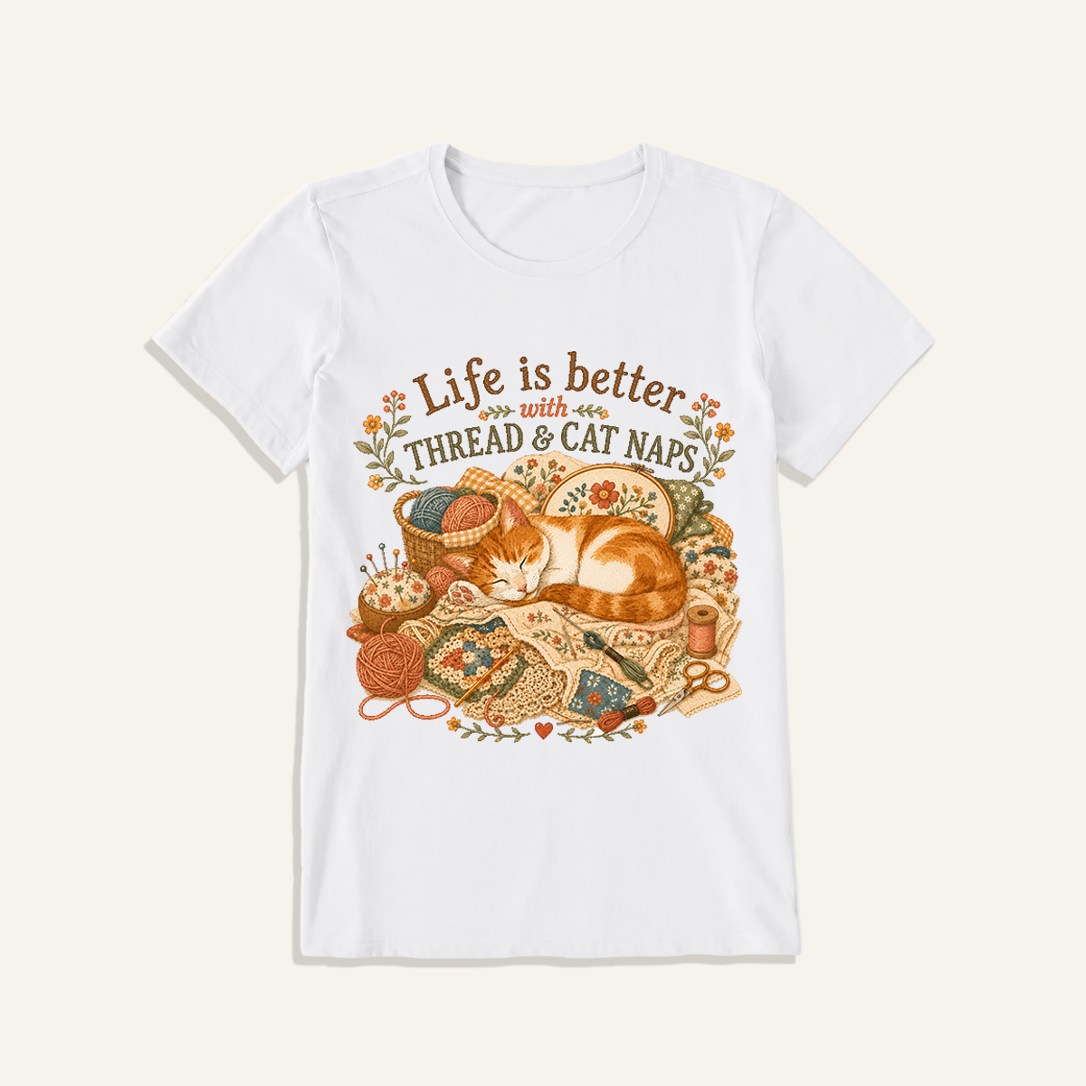 Thread and Cat Naps Print Crew Neck Cotton Tee