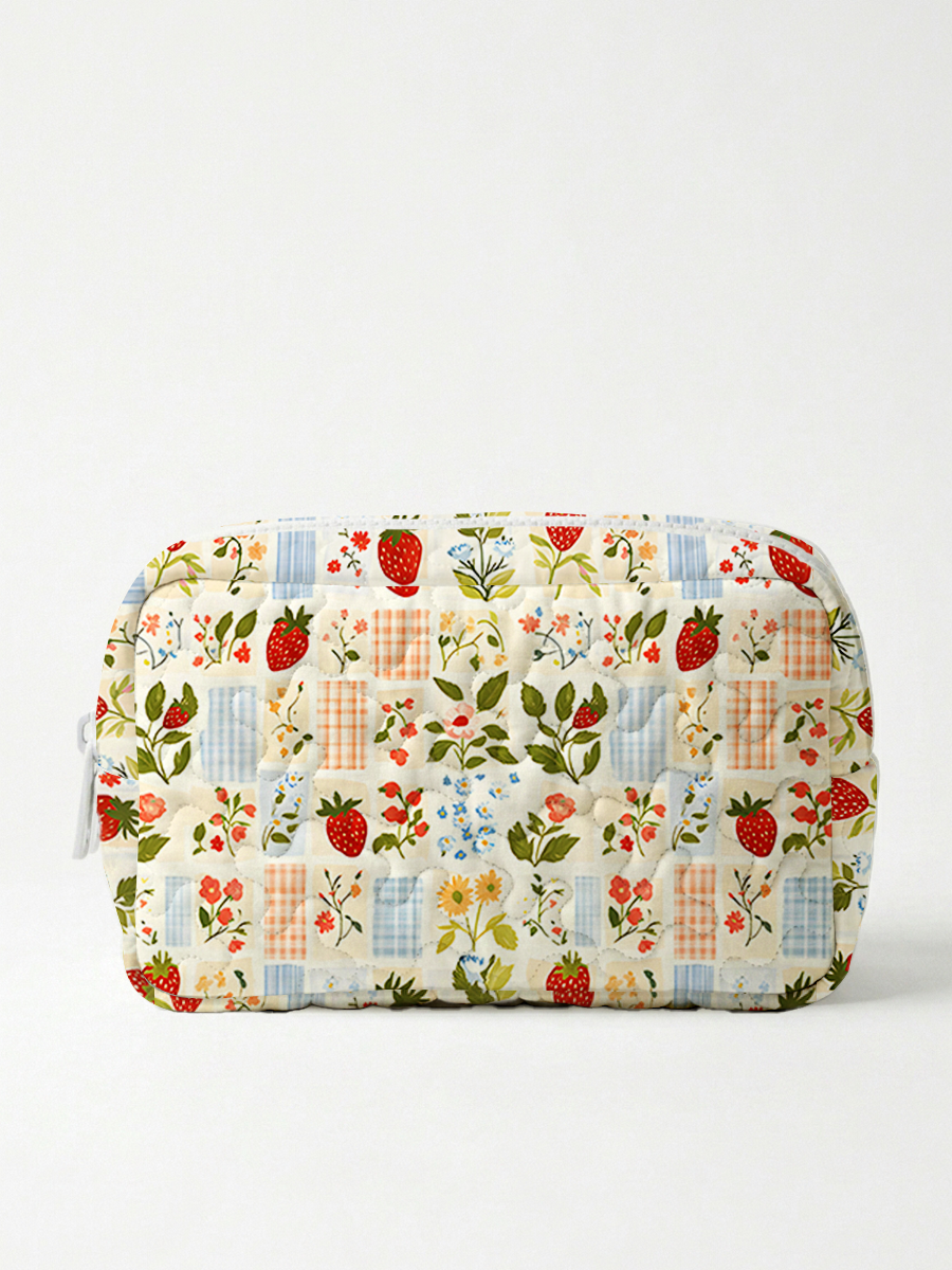 Strawberry Garden Patchwork Print Cloud Quilted Cosmetic Pouch