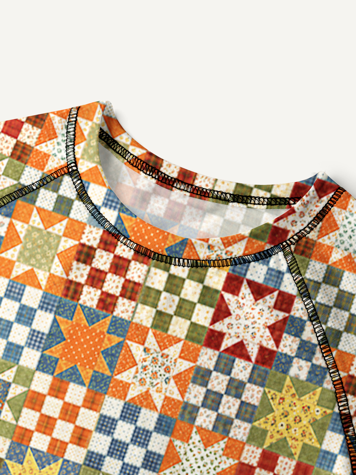 Vintage Star Quilt Patchwork All-Over Print Cotton Raglan Long Sleeve Top