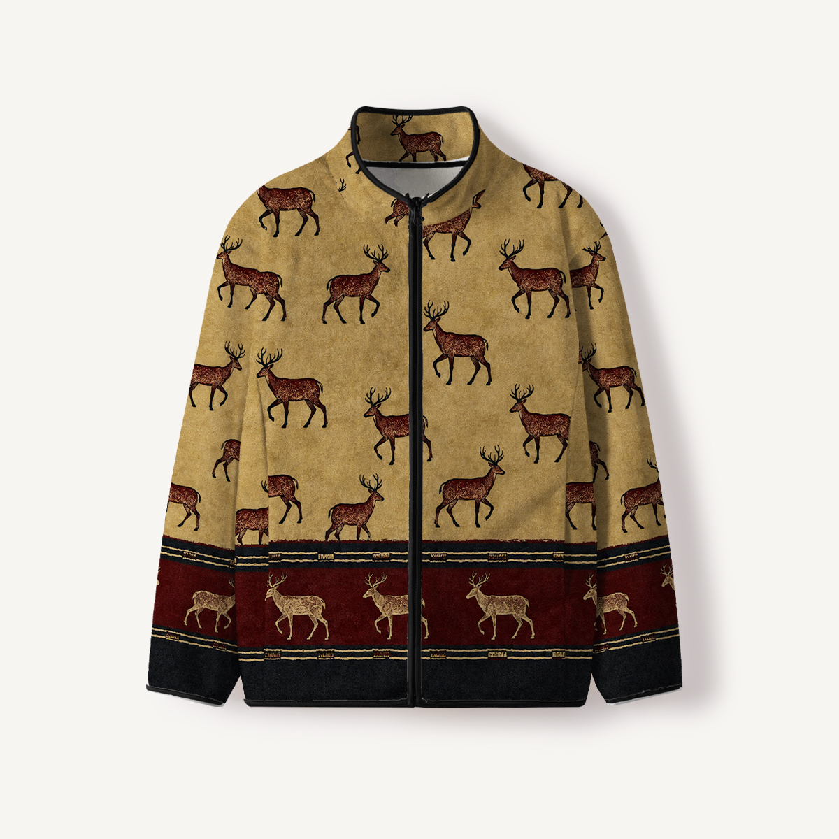 Vintage Deer Pattern Full Zip Stand Collar Fleece Jacket