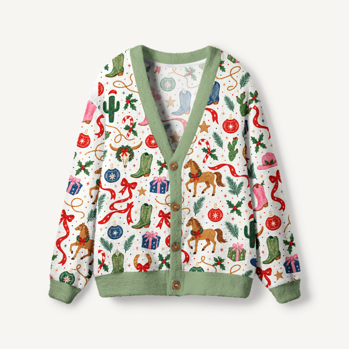 Western Christmas Rodeo Print Ugly Cardigan Sweaters