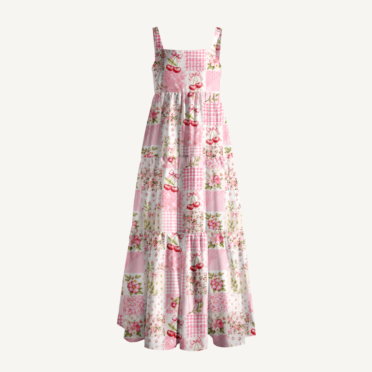 Strawberry Garden  Patchwork Print Wide Straps Maxi Dress With Pockets