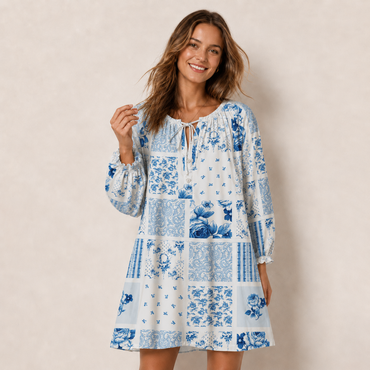 Delft Blue Floral Patchwork Print Boho Tie‑Neck Smock Mini Dress