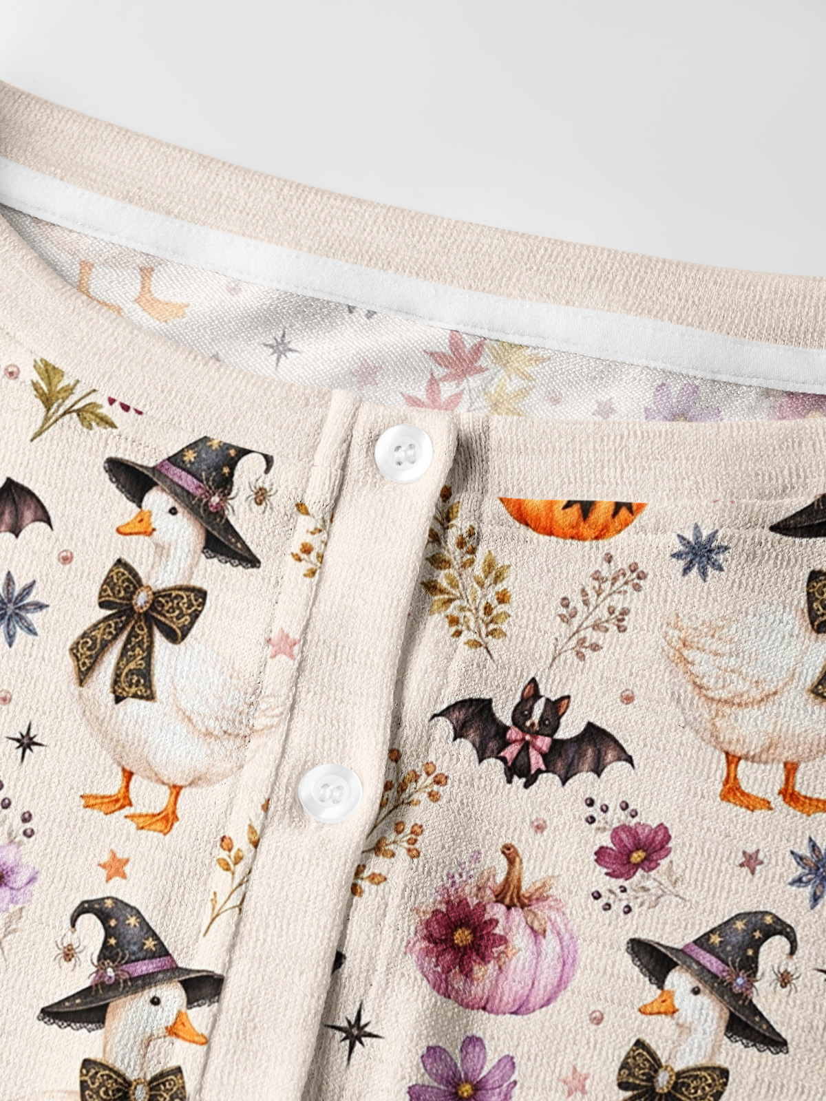 Lightweight Crew Neck Long‑Sleeve Cropped Rustic Halloween Goose Print Fine‑Knit Cardigan