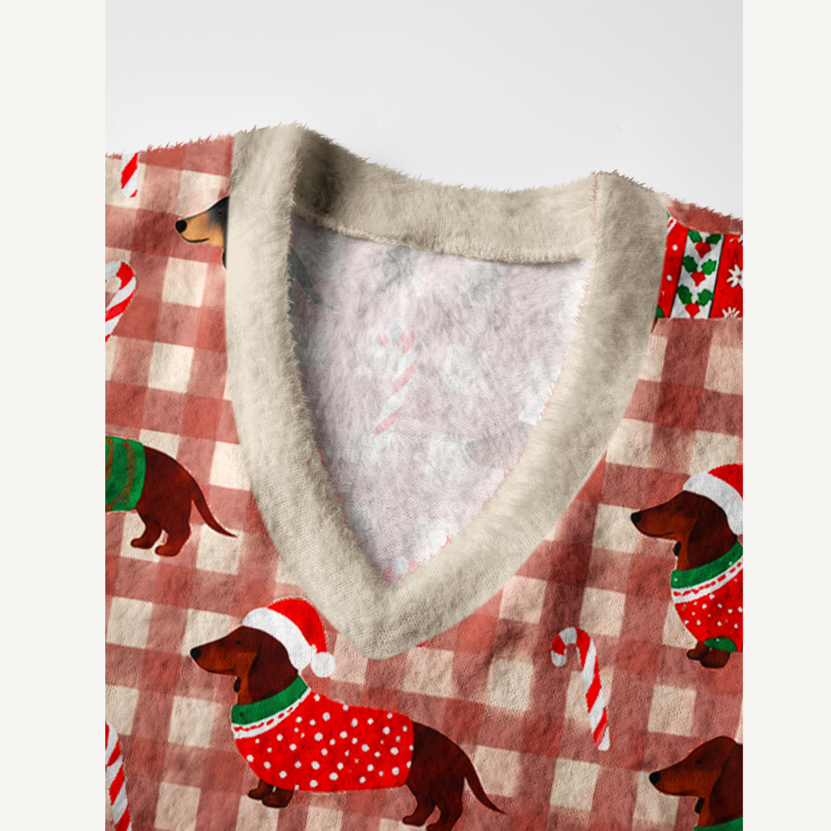 Cozy Dachshund Candy Cane Print V-Neck Sweater Vest
