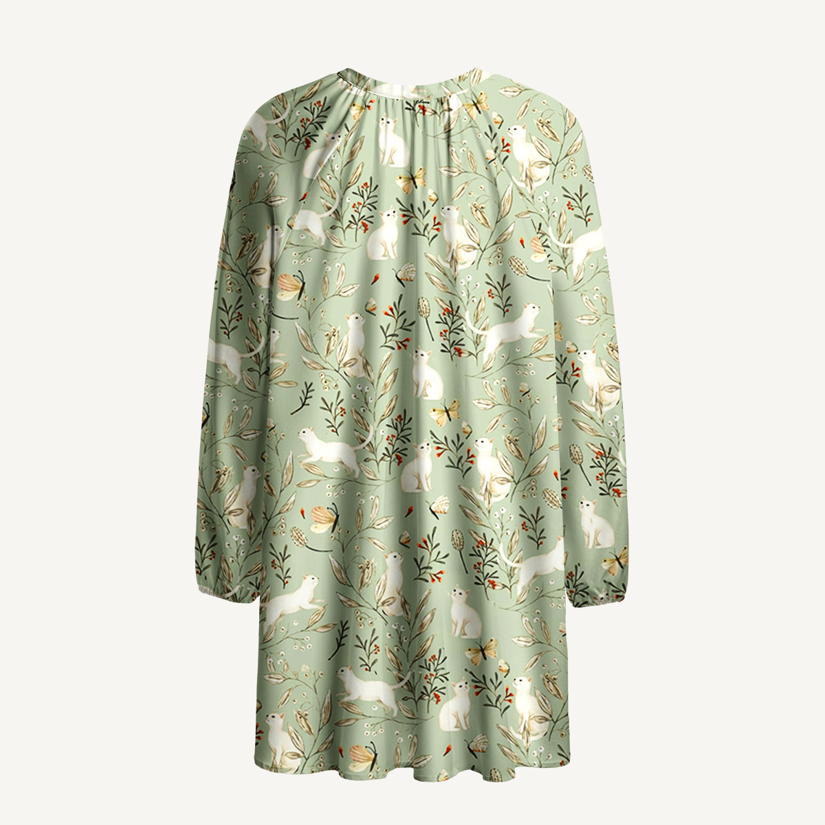 Enchanted Meadow Cat Print Boho Tie‑Neck Smock Mini Dress