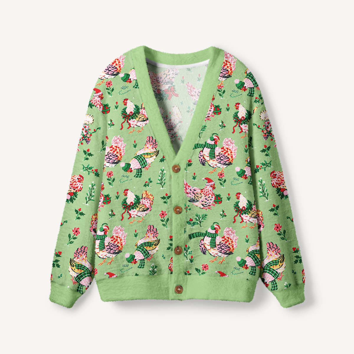 Christmas Chickens Holiday Garden Print Ugly Cardigan Sweaters