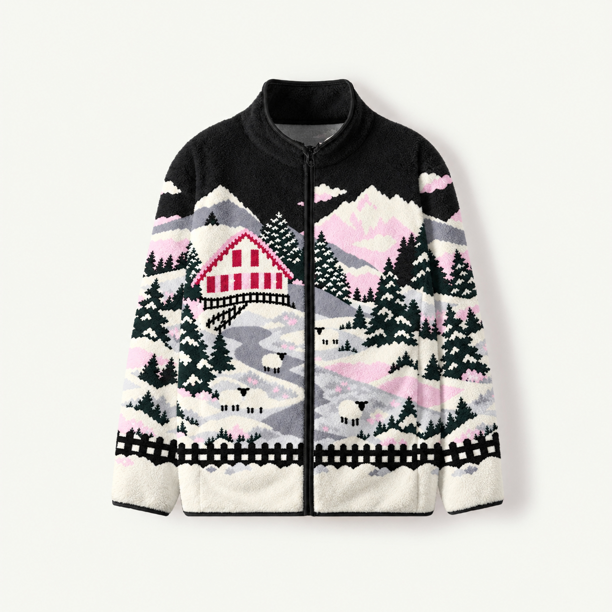 Pink Snowy Cabin Valley Print Fleece Jacket