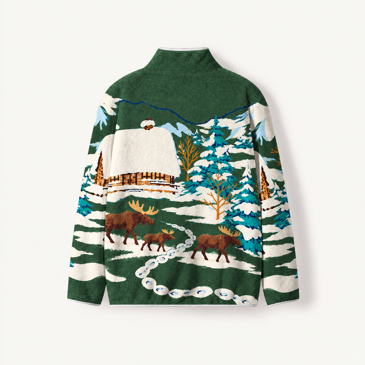 Snowy Cabin Moose Family Print Fleece Jacket