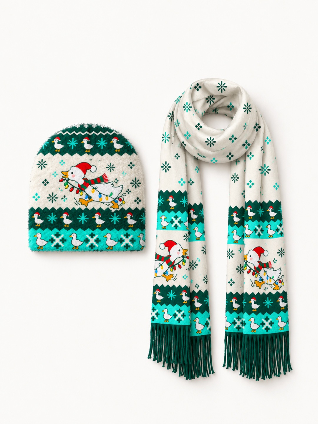 Playful Christmas Goose on the Loose Beanie Scarf & Fingerless Gloves Set