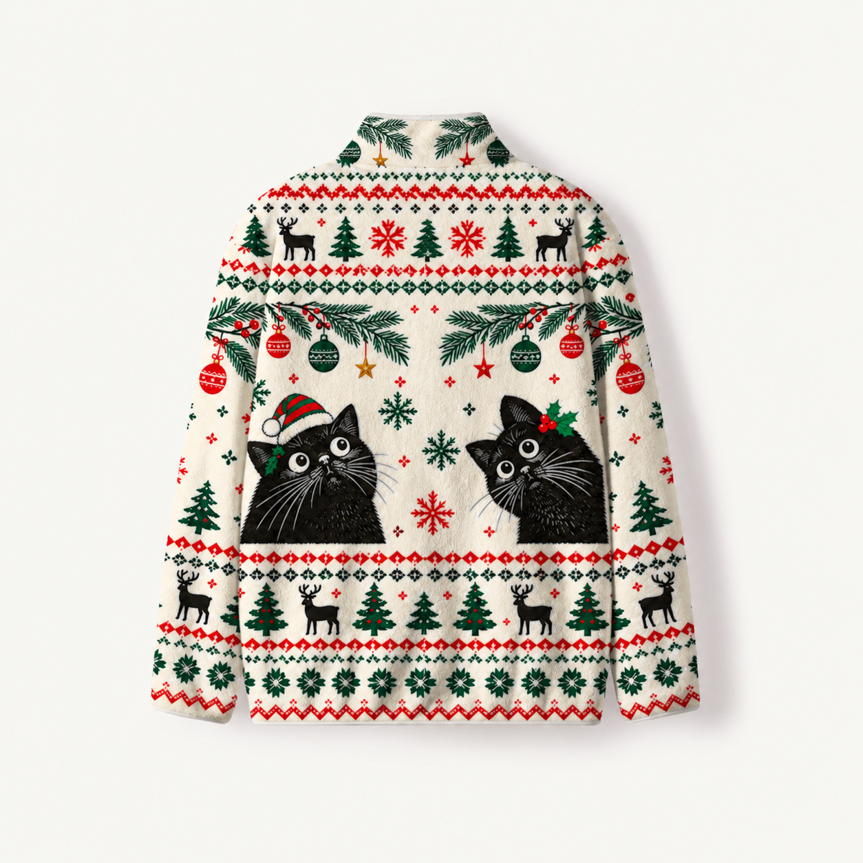 Festive Christmas Black Cats Print Fleece Jacket