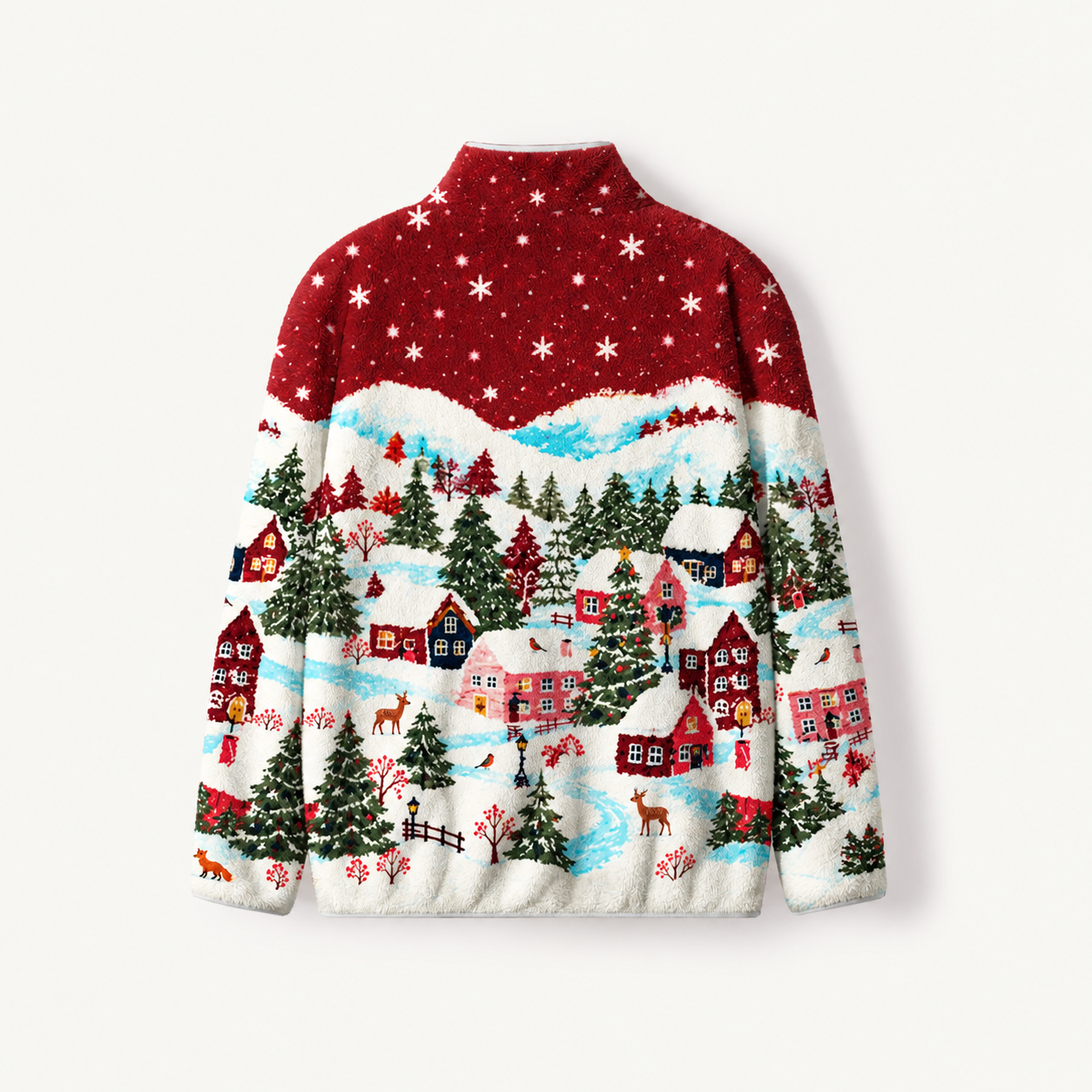 Vintage Festive Forest Village Print Fleece Jacket